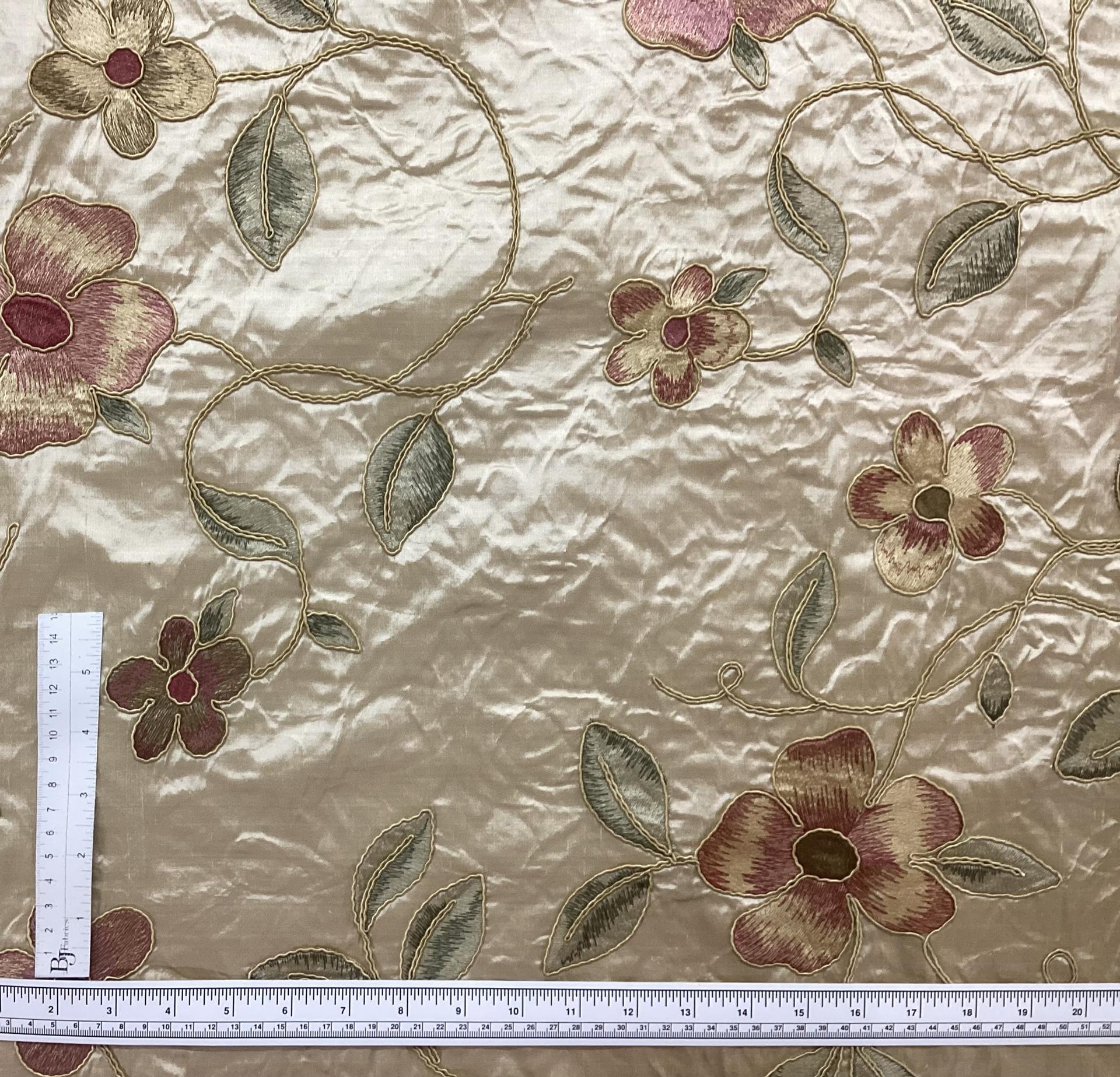 Silk Shantung with Embroidered and Soutachéd Flowers In Light Golden Background 