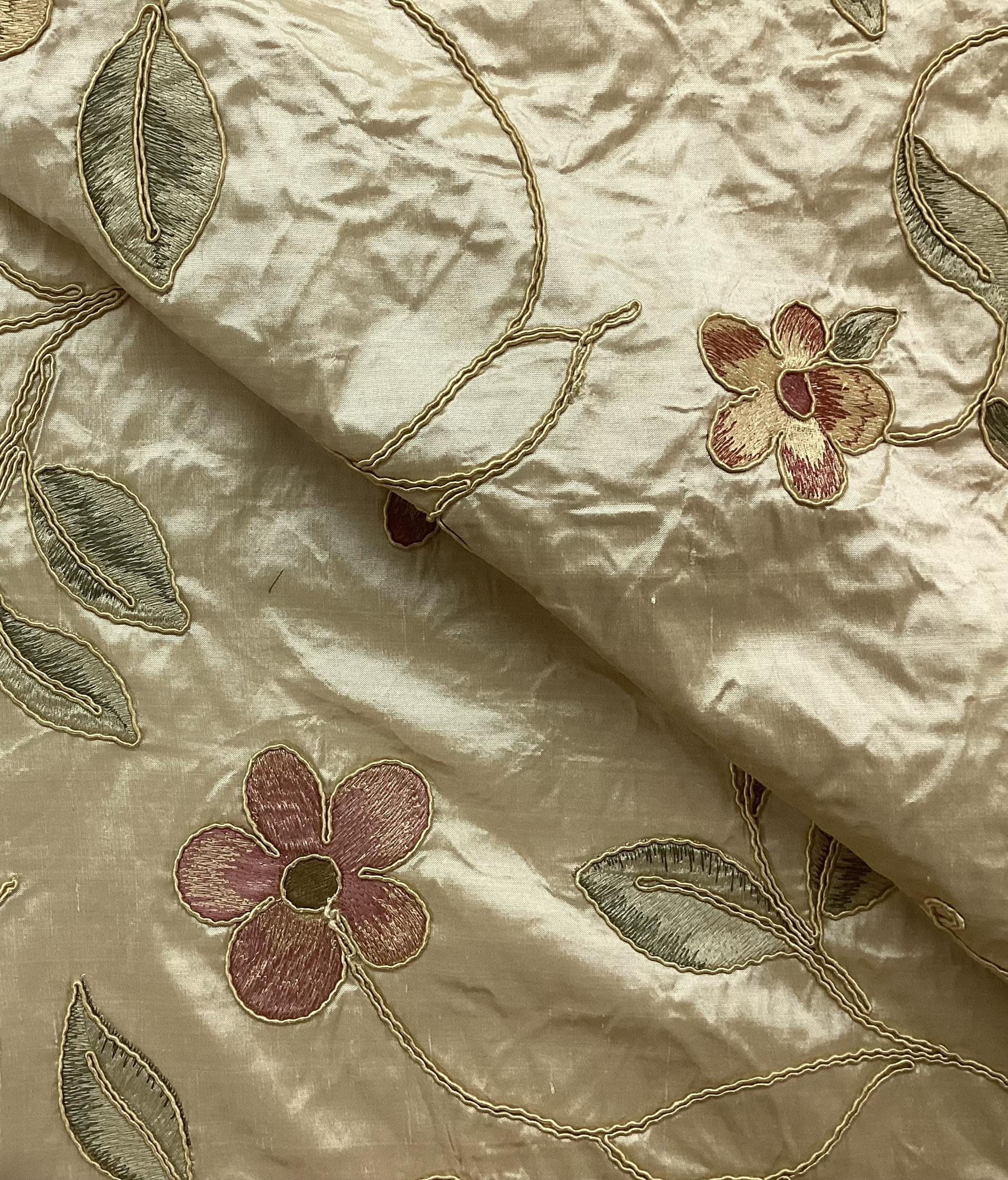 Silk Shantung with Embroidered and Soutachéd Flowers In Light Golden Background 