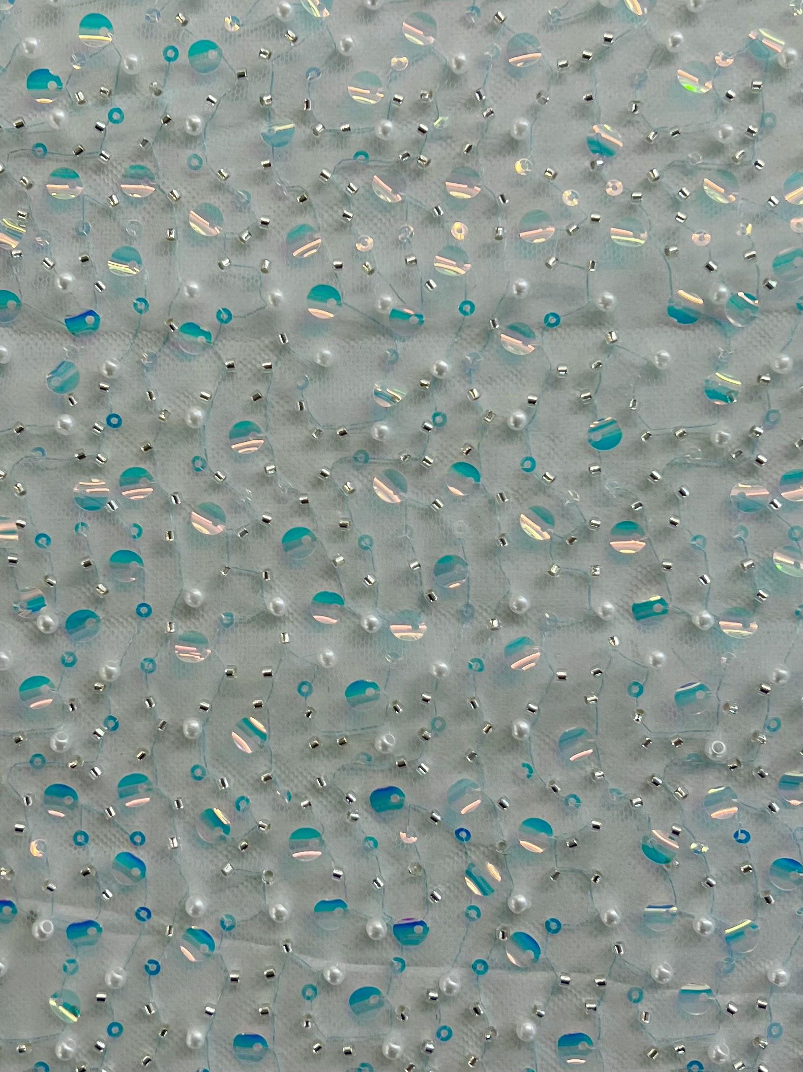 Opalescent Sequined Beaded Tulle in Turquoise 