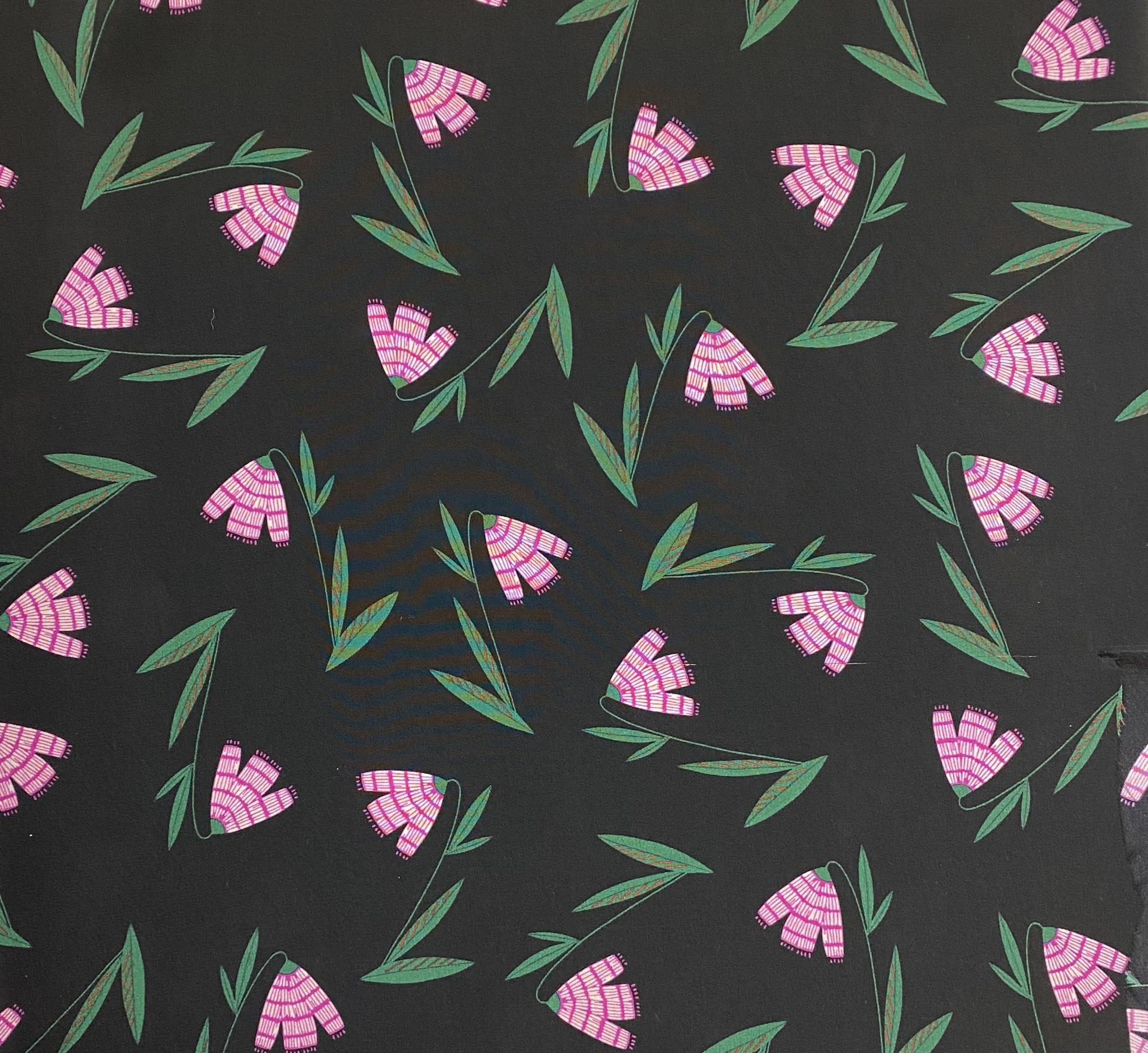 Italian Silk Crepe de Chine Floral in Black Magenta 