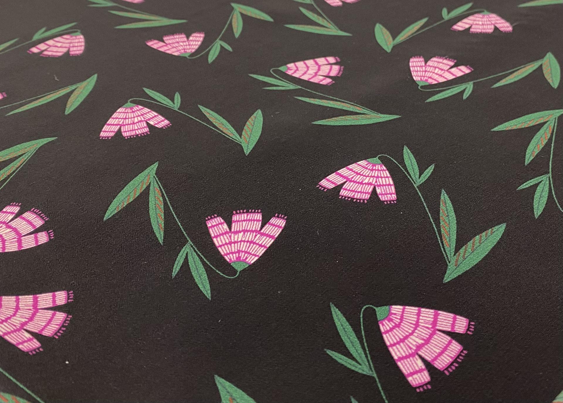 Italian Silk Crepe de Chine Floral in Black Magenta 