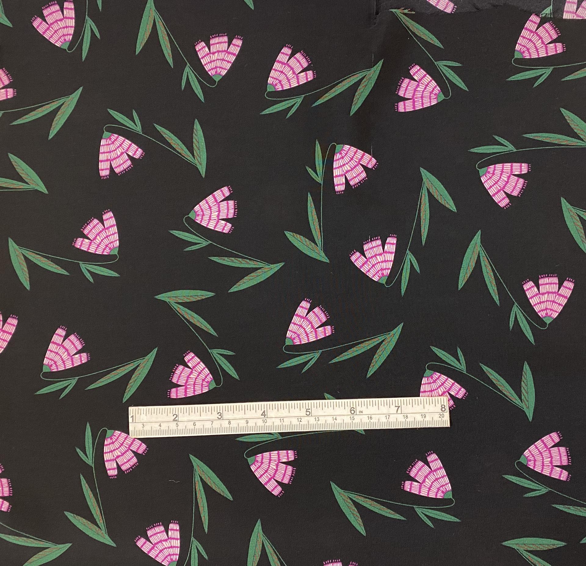 Italian Silk Crepe de Chine Floral in Black Magenta 