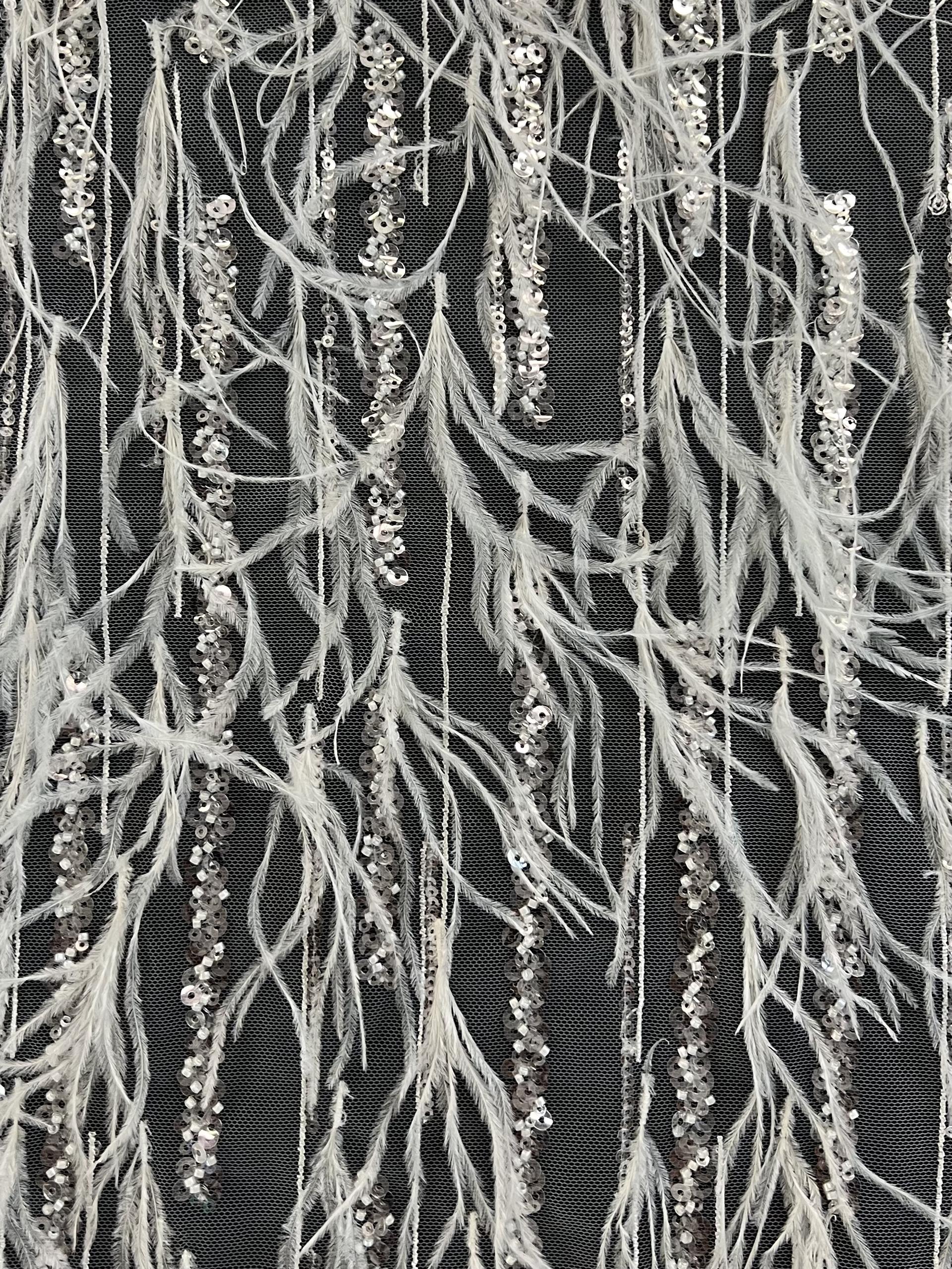 Embroiled Tulle in Bridal White with Hand Applied Ostrich Feather, Sequins & Beads  