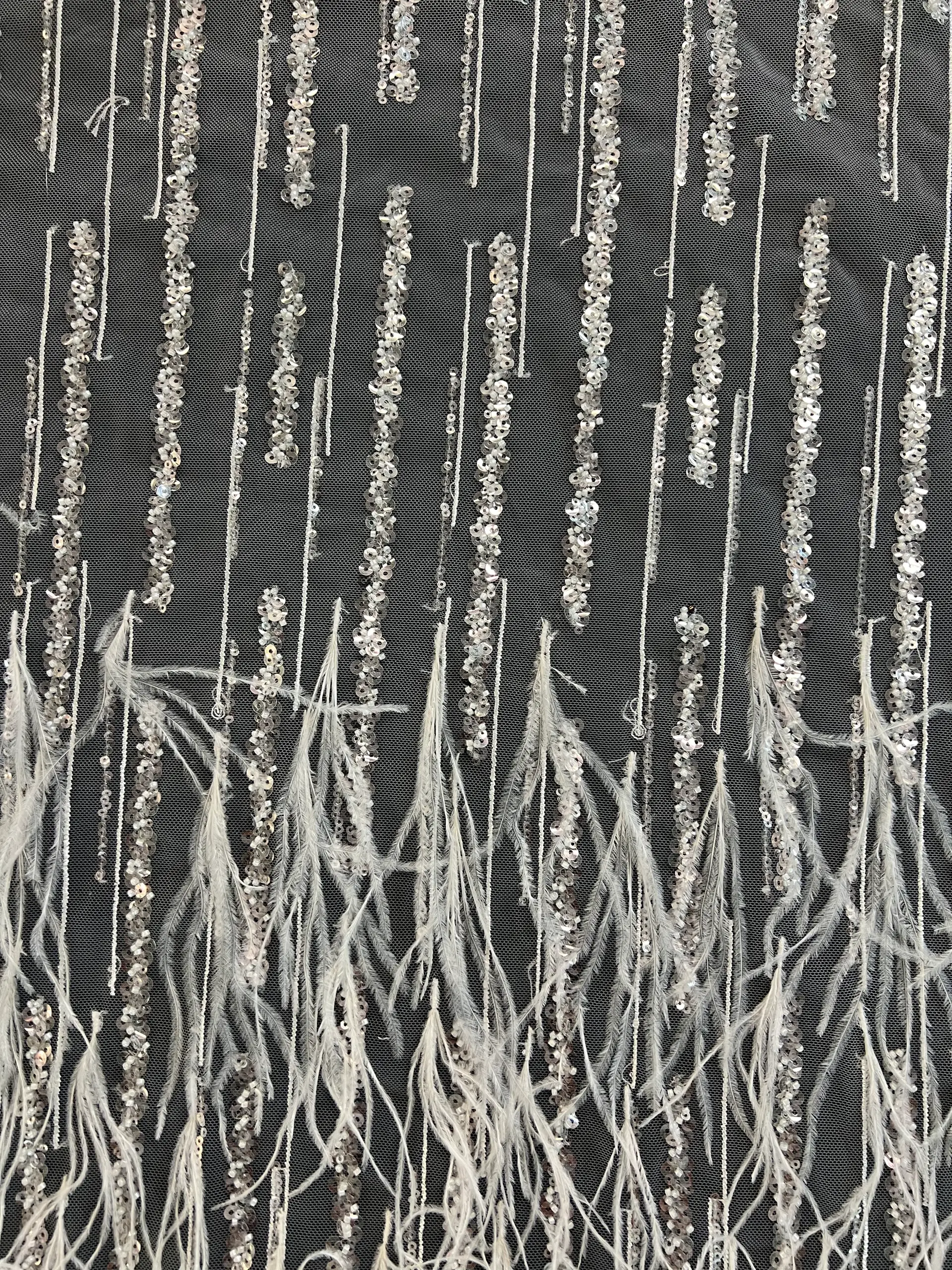 Embroiled Tulle in Bridal White with Hand Applied Ostrich Feather, Sequins & Beads  