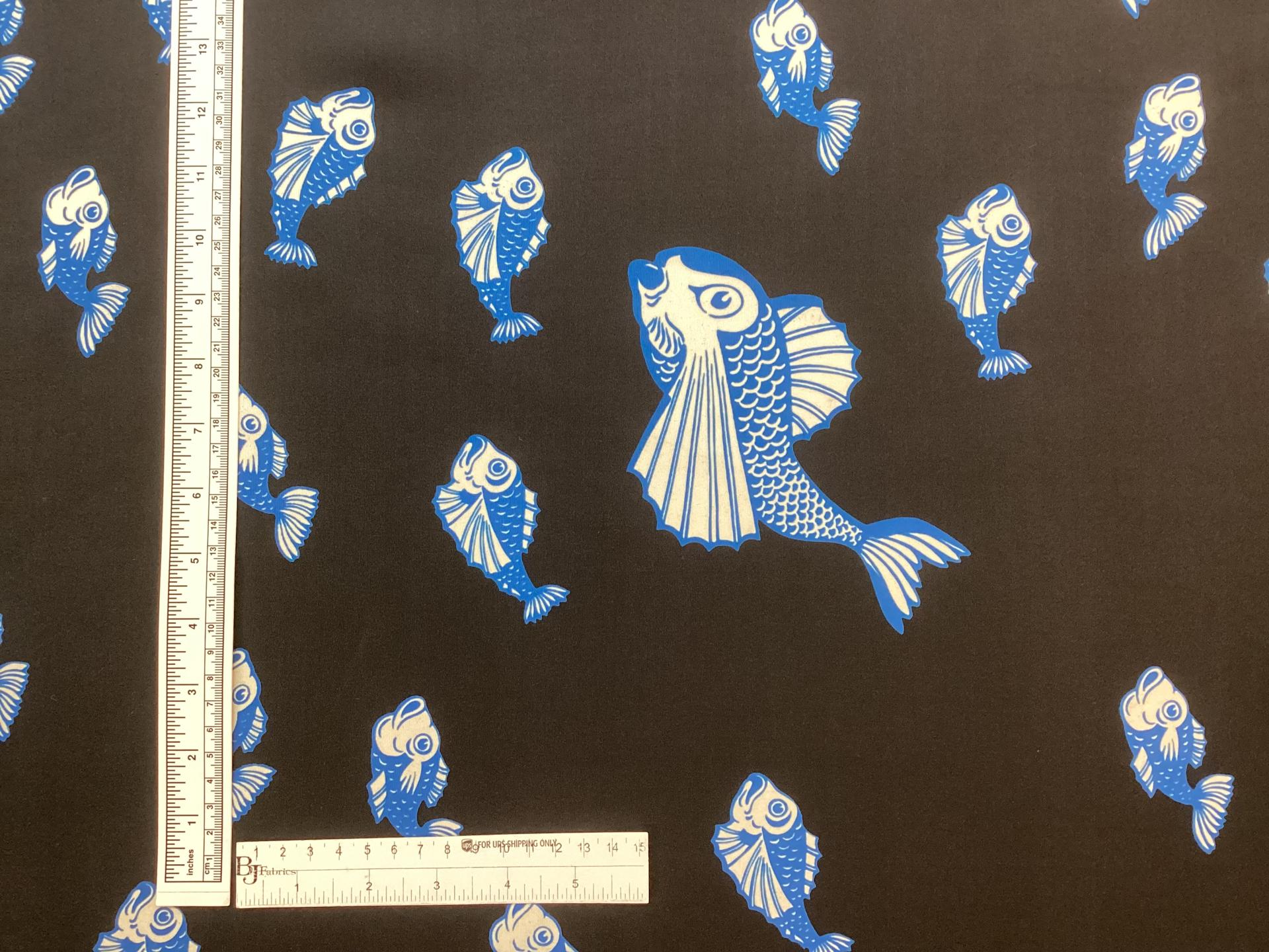 Italian Printed Silk Tissue Faille Fish Print in Black Blue White 