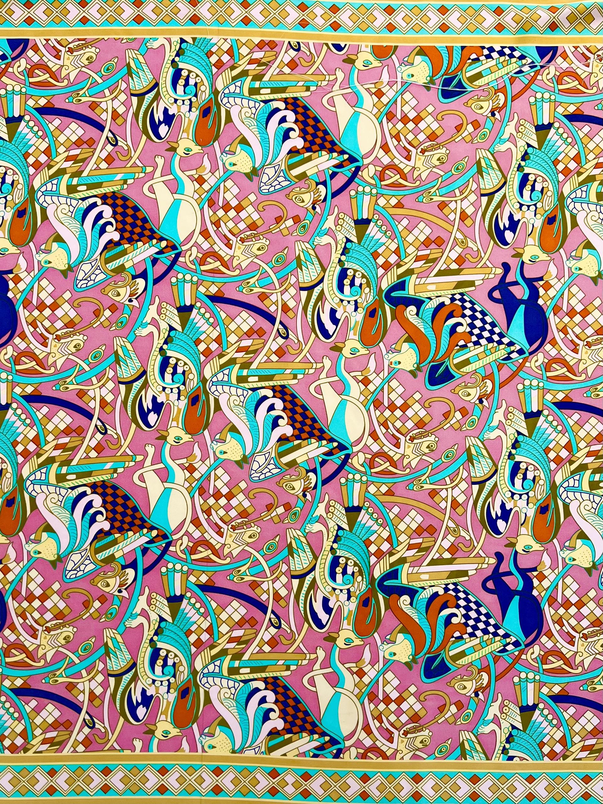 Silk Twill Prints Panel in Pink "Guardian Creatures"