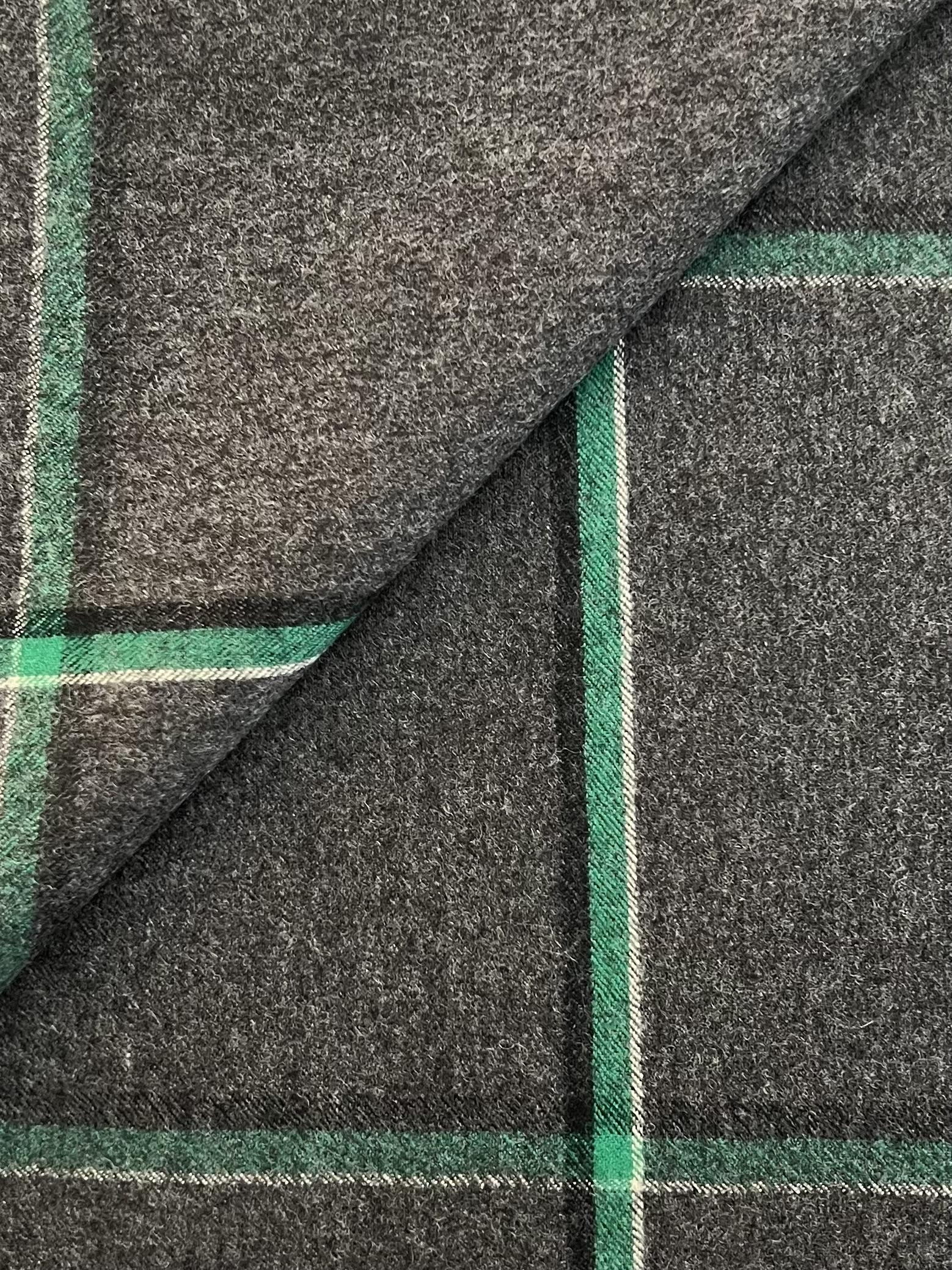 Made In Italy 100% Wool Flannel Windowpane Suiting In Grey & Jade