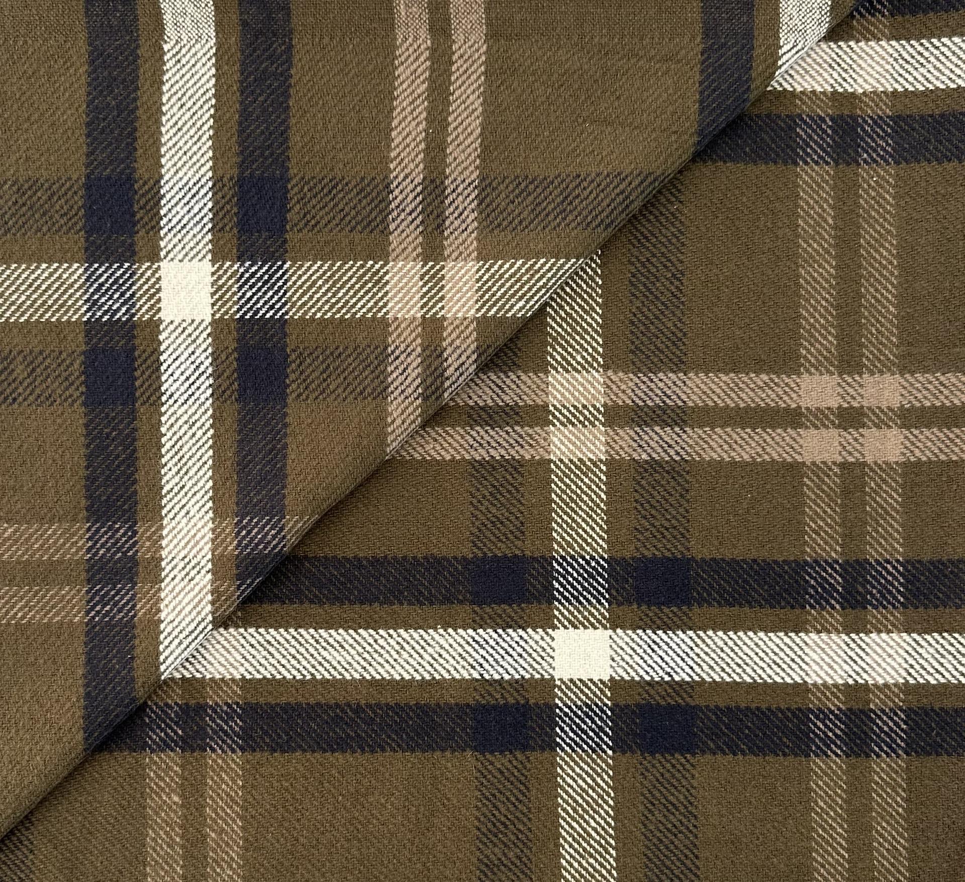 Sustainable Blanket Cotton Plaid in Olive Drab Navy White Beaver Brown