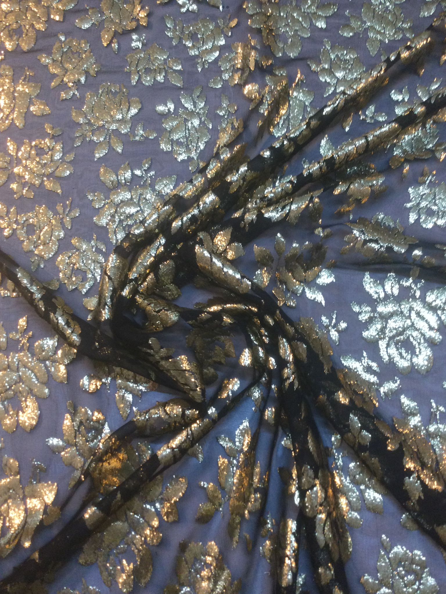 French Silk Burn Out Lurex Panne Velvet in Black Gold