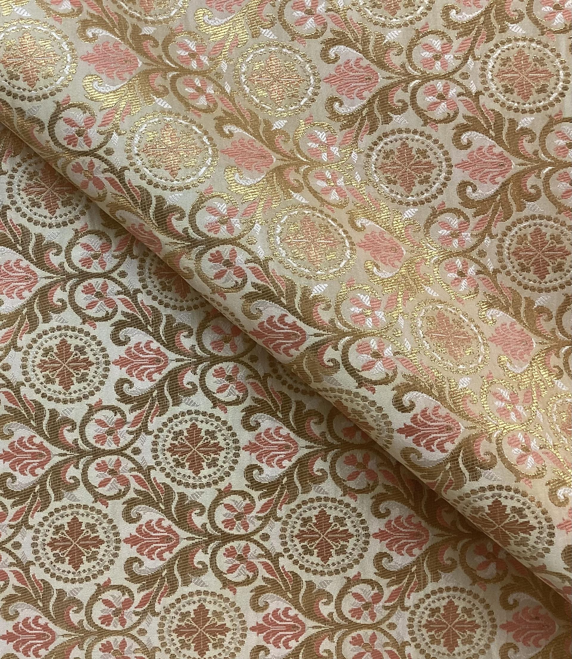 Metallic Brocade in Off White with Gold & Pink