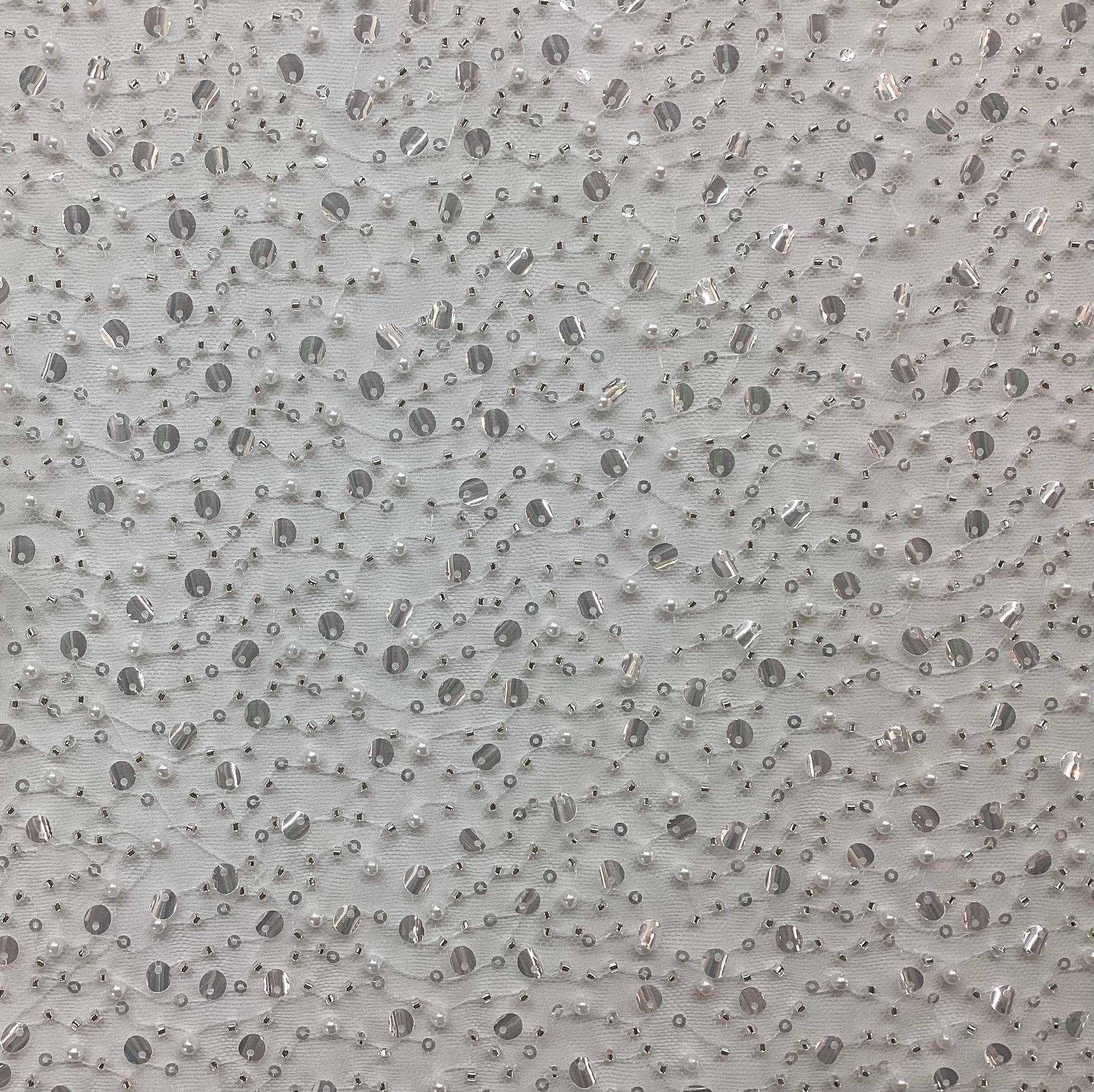 Sequined Beaded Tulle in White