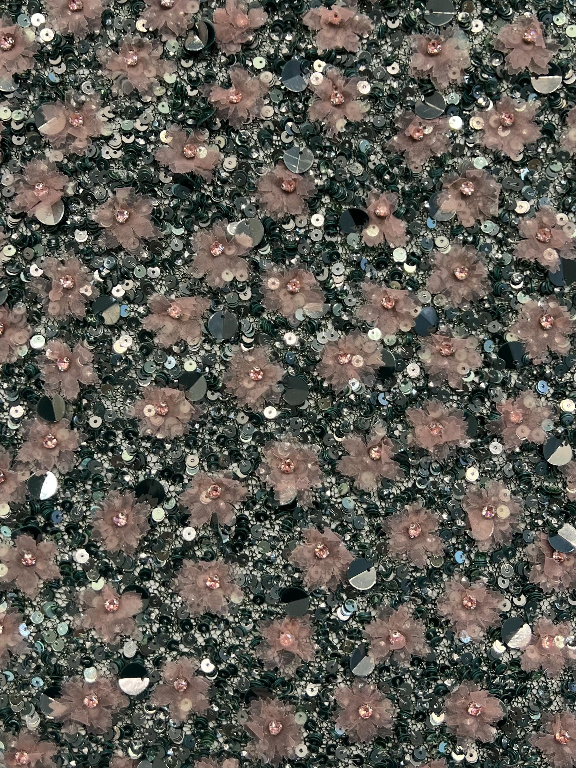 Metallic Novelty Green Net with Hand Sewn Sequin & Paillettes and Laser Cut Pink Flowers.