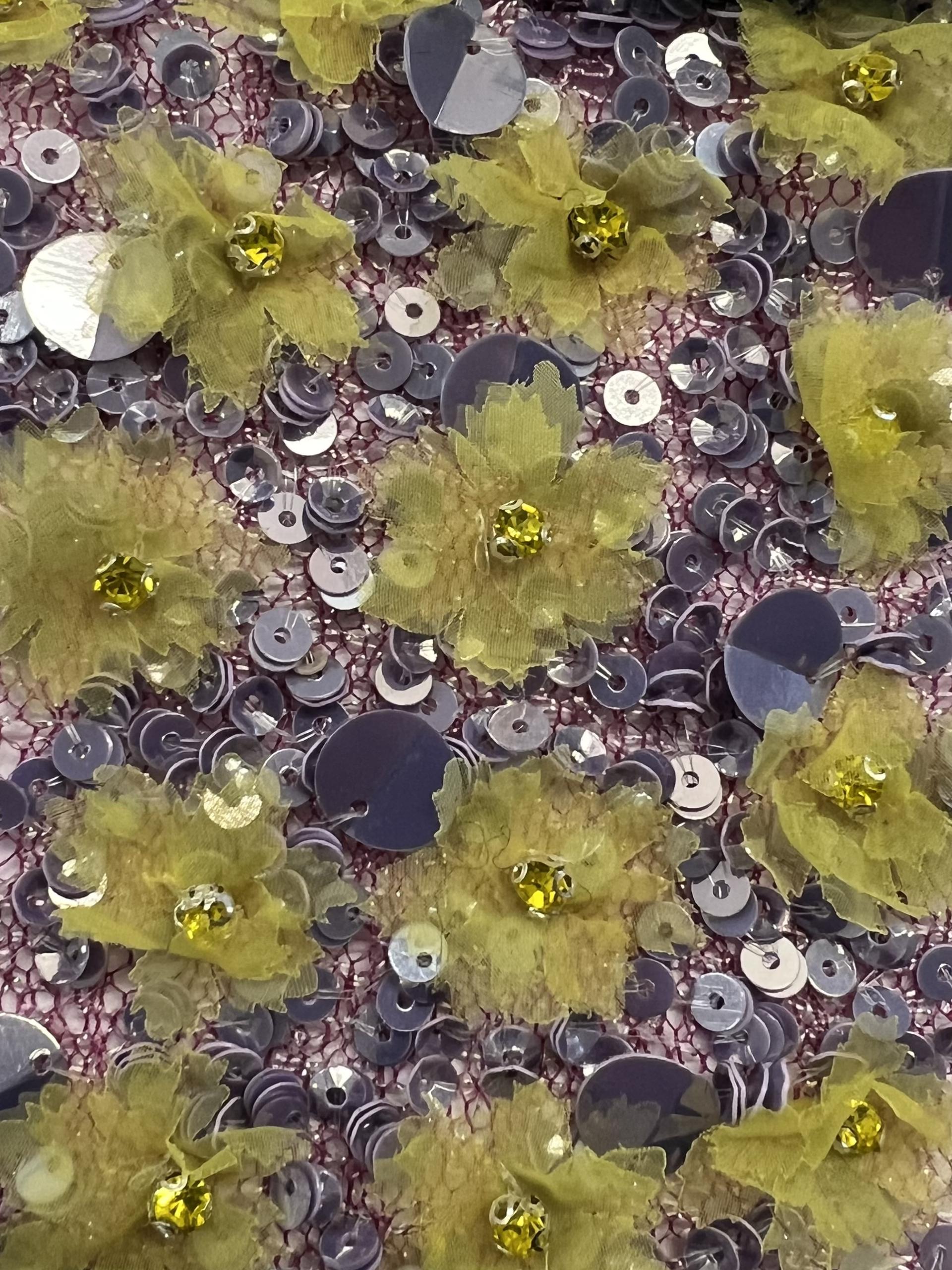 Metallic Novelty Magenta Net with Hand Sewn Sequin & Paillettes and Laser Cut Chartreuse Flowers.