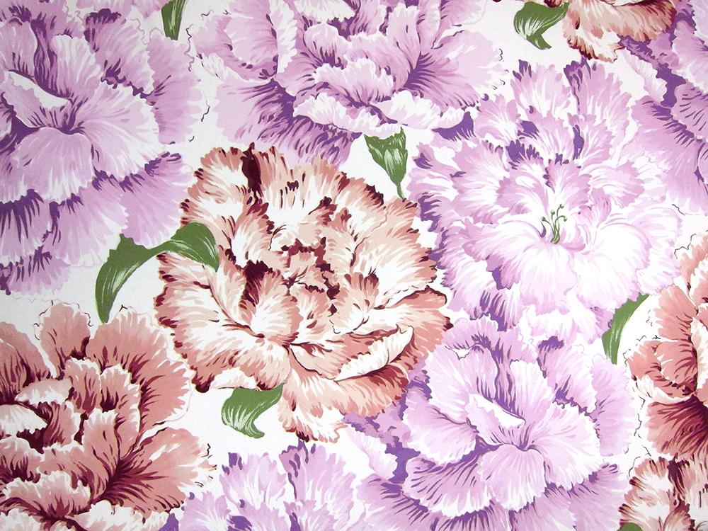 Printed Silk Chiffon Purple Red-Violet Floral On White Background