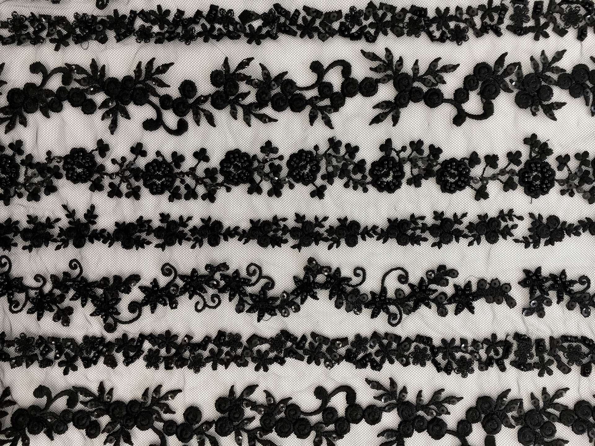 Beaded and Embroidered Tulle with Rows of Detailed Florals in Black0