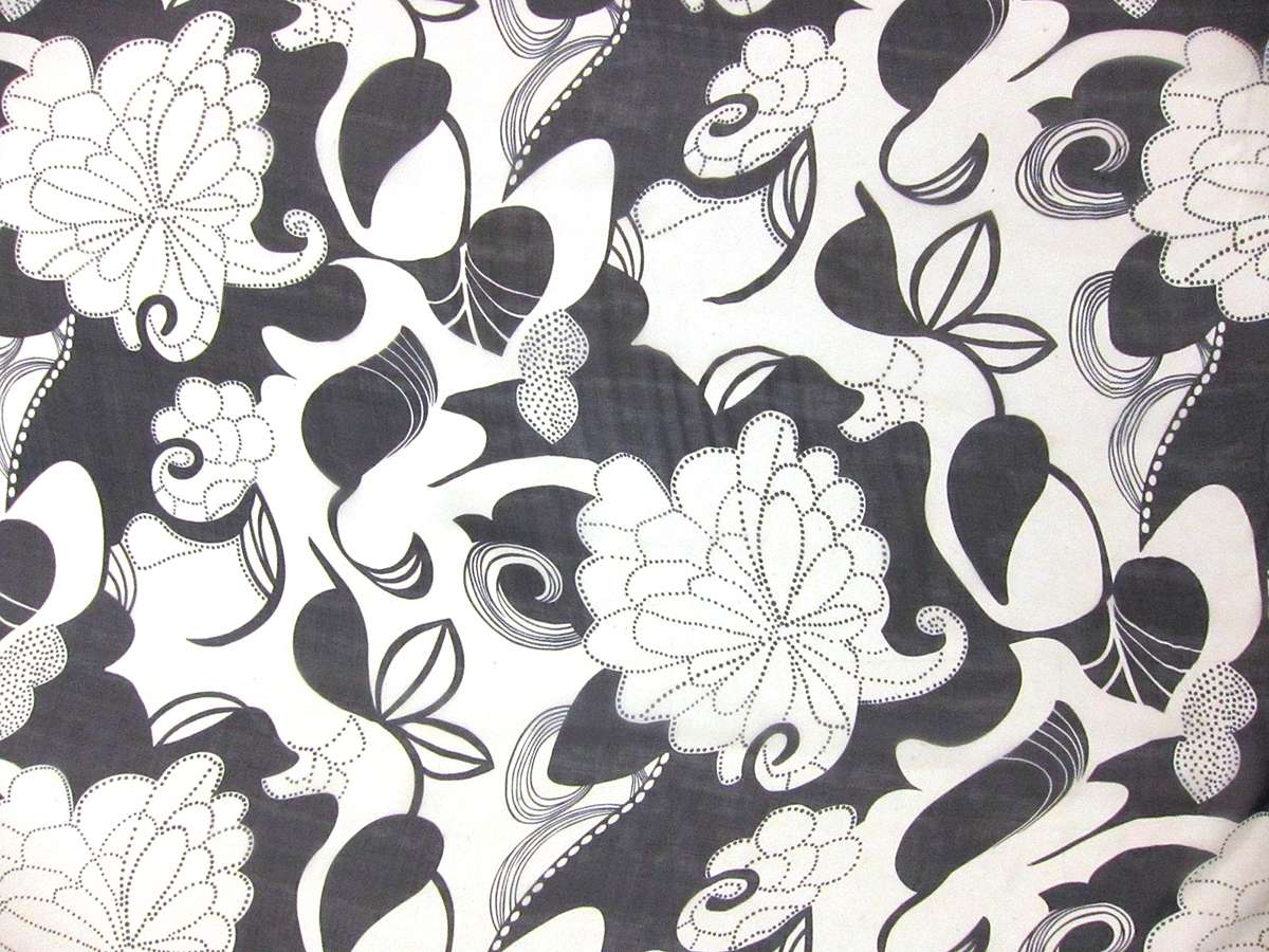 Printed Silk Chiffon Navy White Florals With White Background