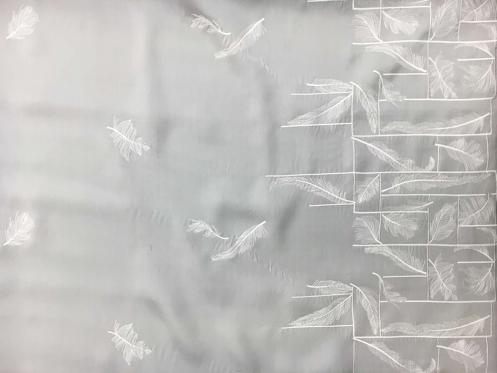 Silk Satin Organza with Embroidered Squares and Feathers0