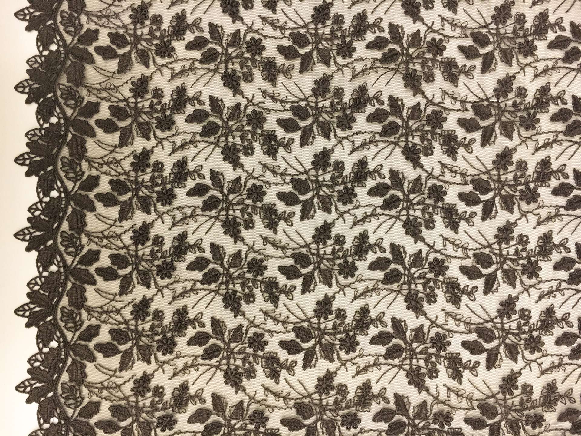 Brown Embroidered Illusion with Flowers and Leaves with Double Scallop0