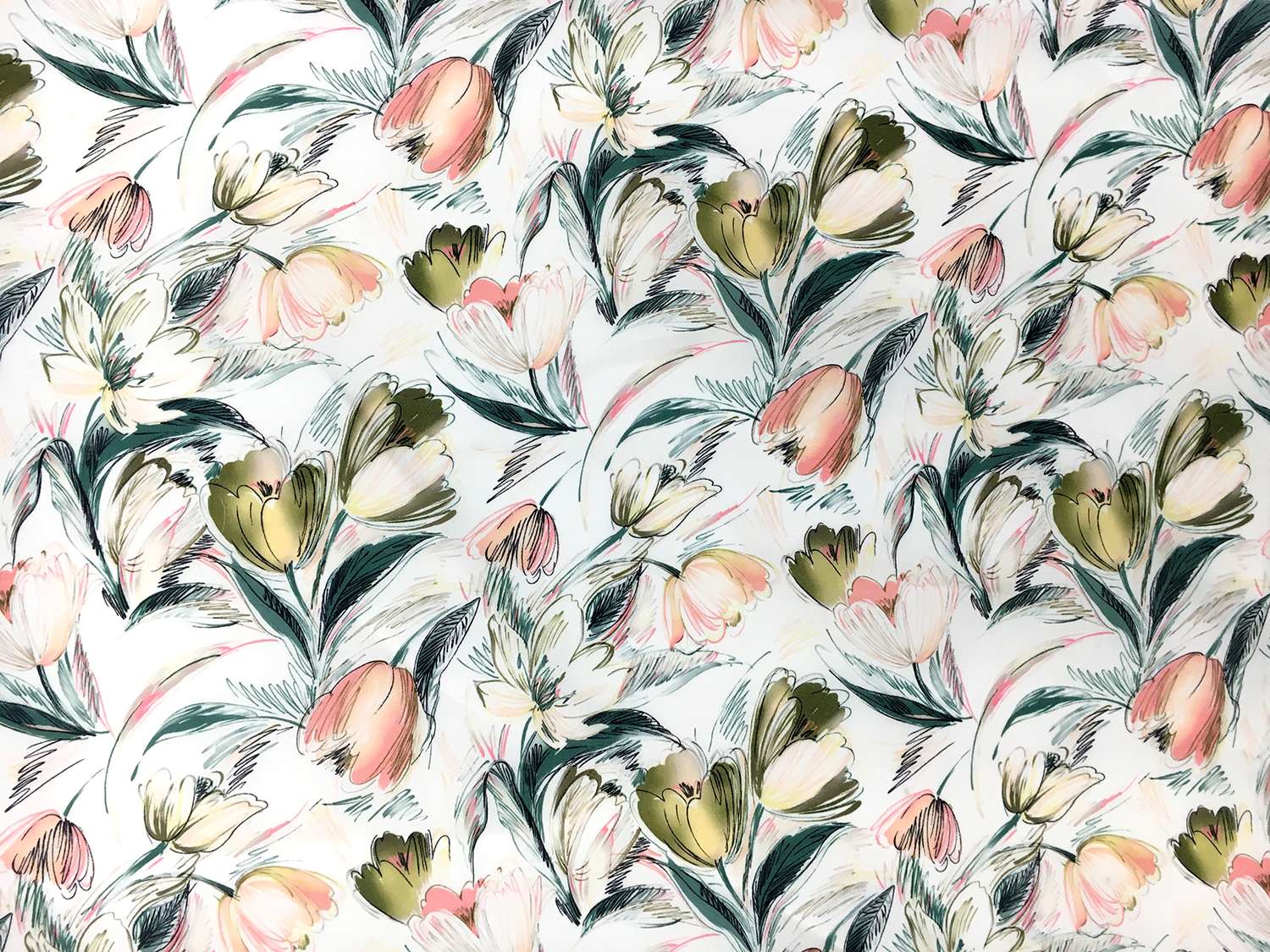 Printed Silk Gazar with Artistic Sketch Tulips0