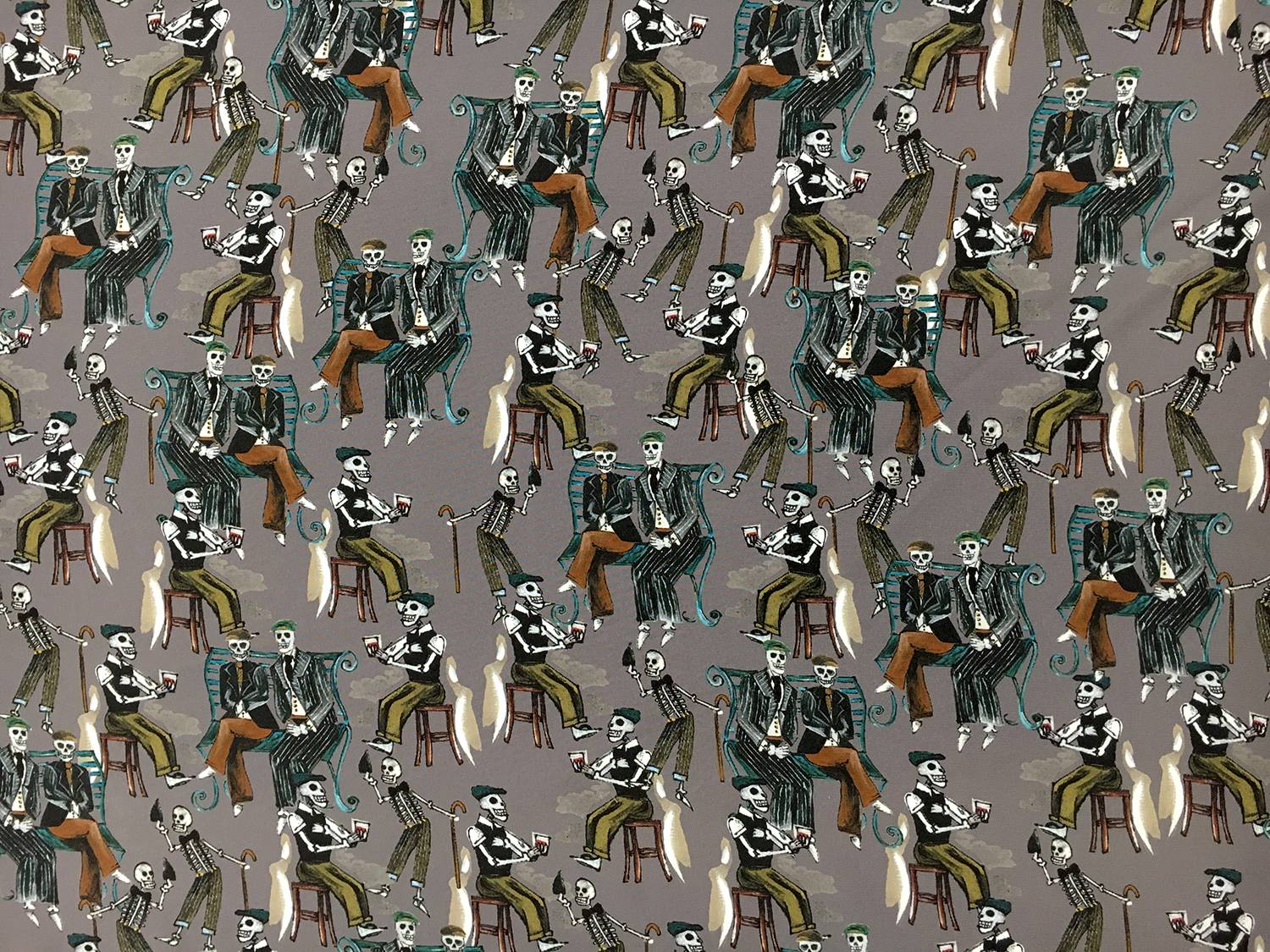 Designer Printed Silk Crepe de Chine with Skeletons0