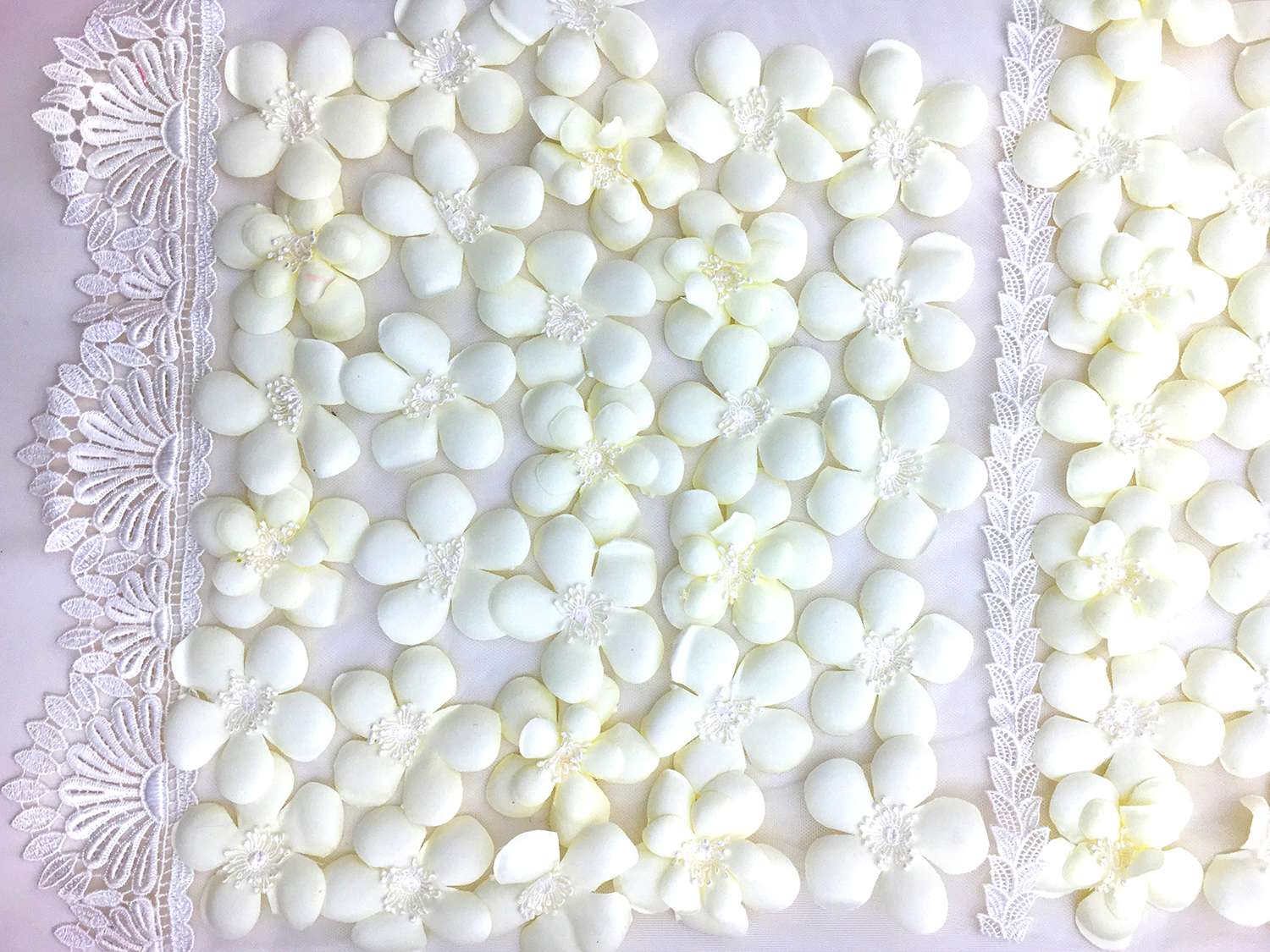 Eggshell Flowers Appliqued on Tulle with Lace Trim0