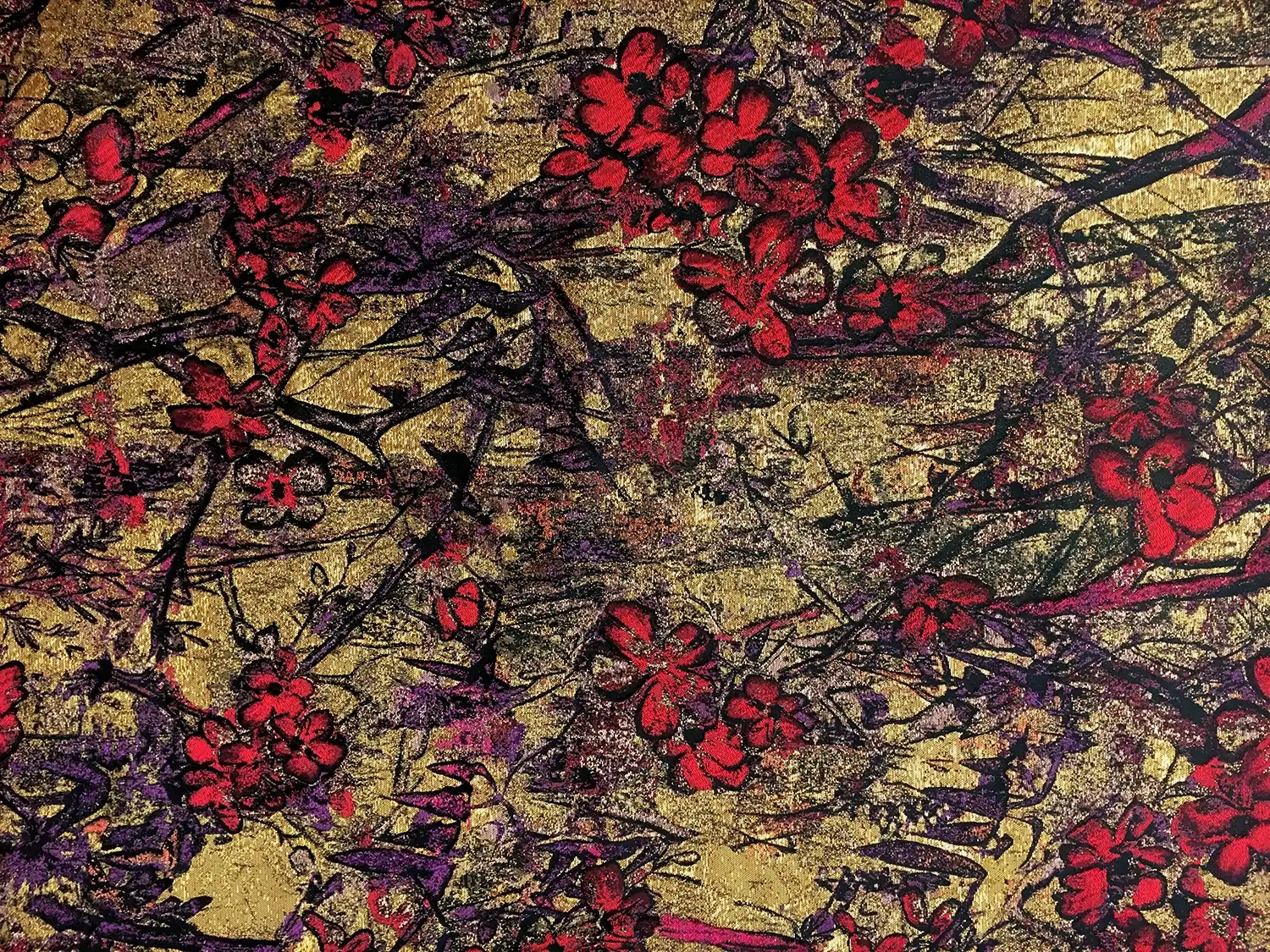 Antique Gold Floral Brocade Fabric with Crimson Flowers0
