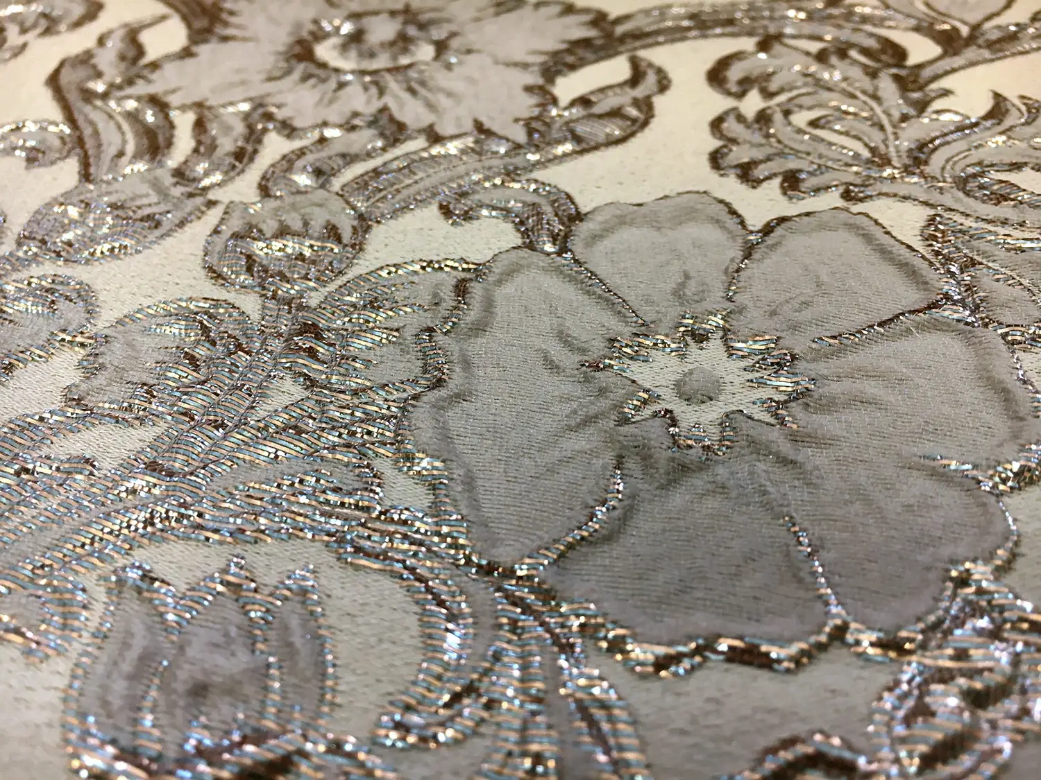 Silk Blend Metallic Cloqué Brocade with Rococo Floral Patterns2