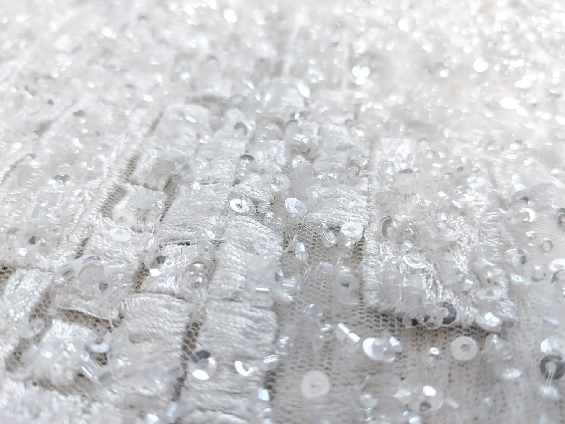 Beaded Tulle with Embroidered Squares in White