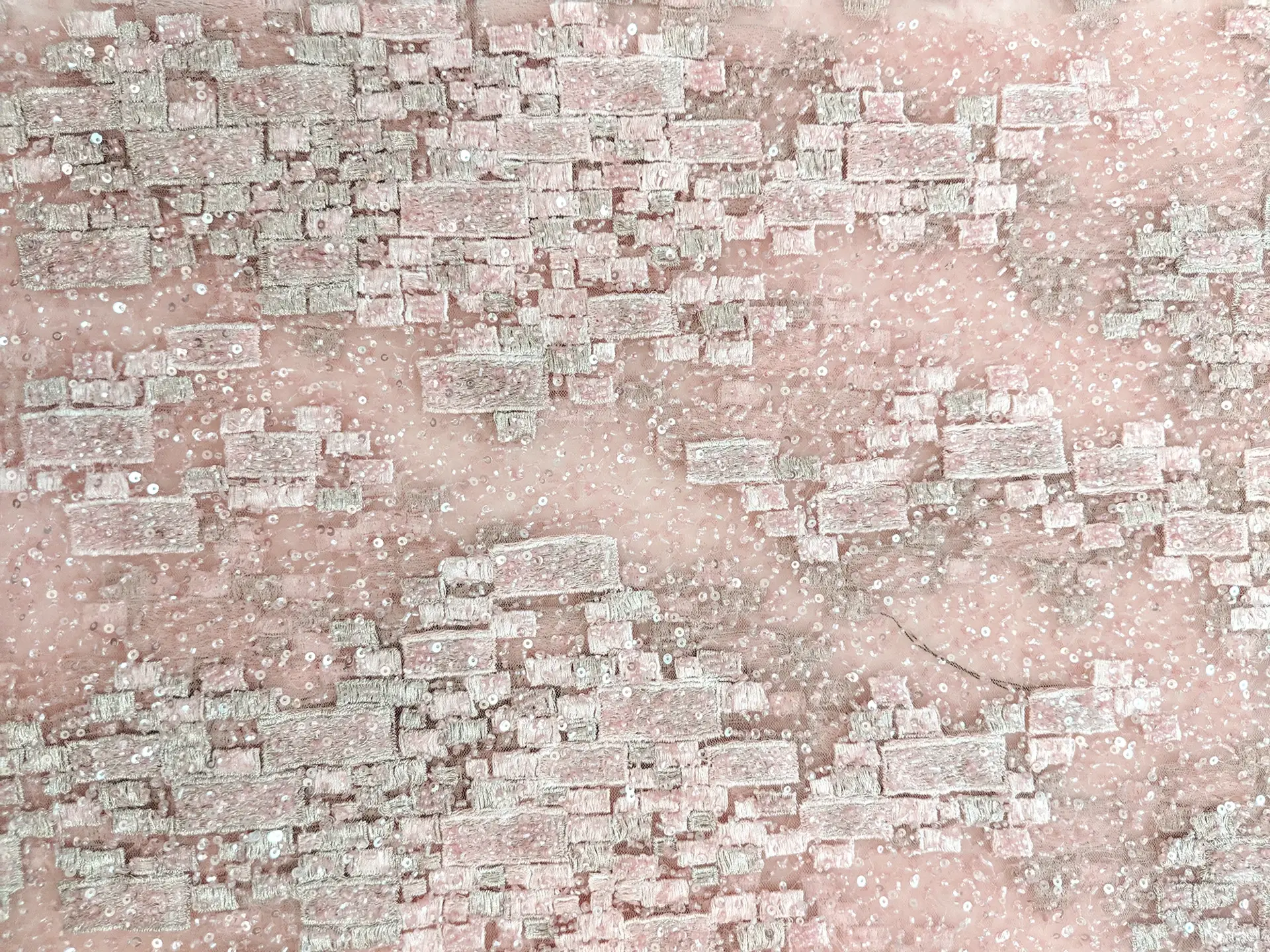 Beaded Tulle with Embroidered Squares in Pink