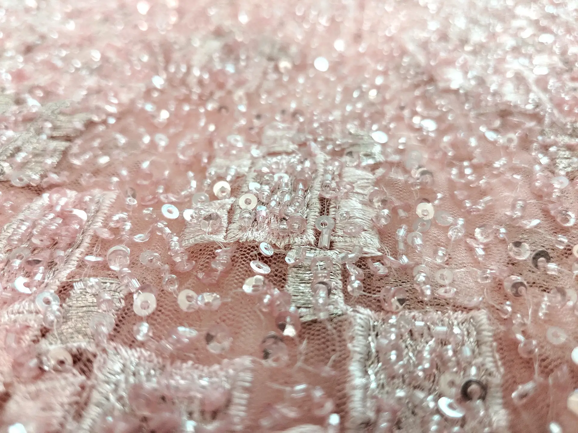 Beaded Tulle with Embroidered Squares in Pink