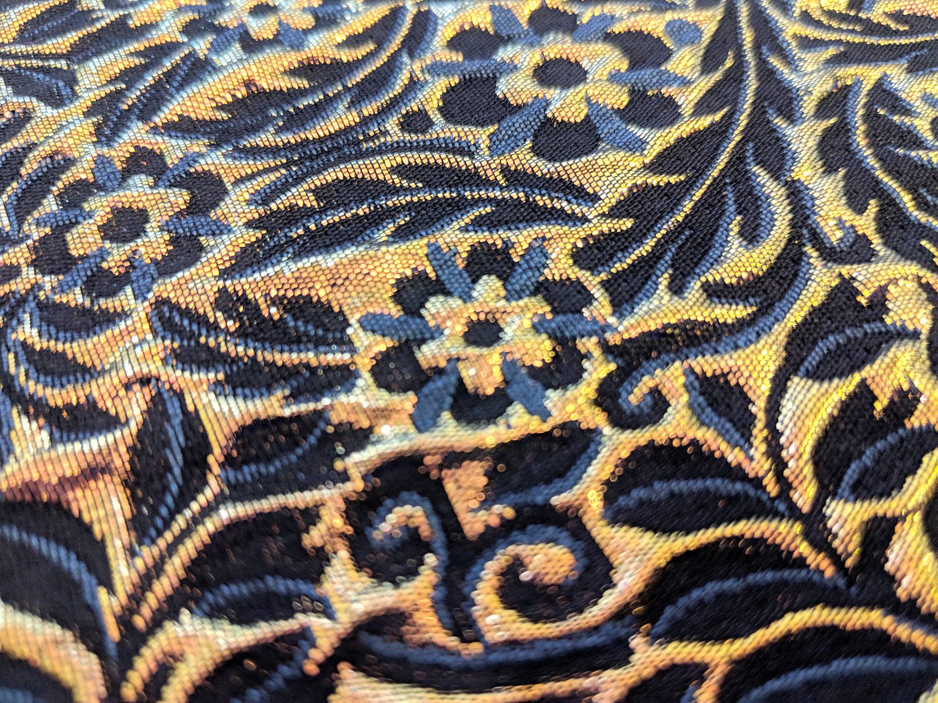 Metallic Brocade with Heavy Floral Ornamentation with Dark Blue Accents