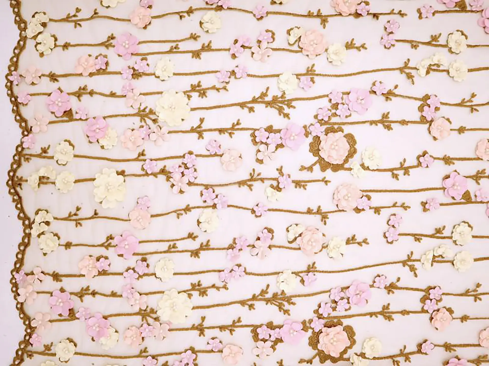 Embroidered Illusion with Floral Appliques in Brown and Pink