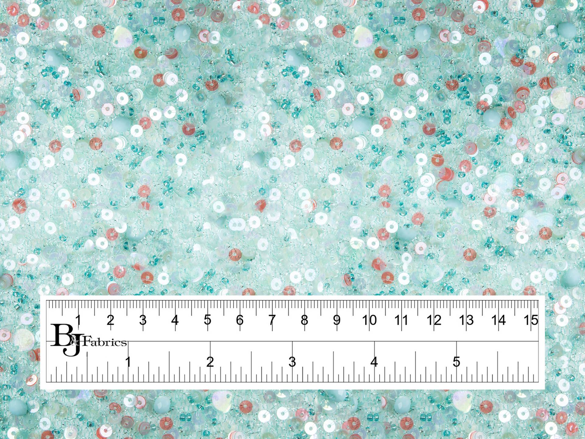 Novelty Beads and Sequins on Metallic Netting in Turquoise