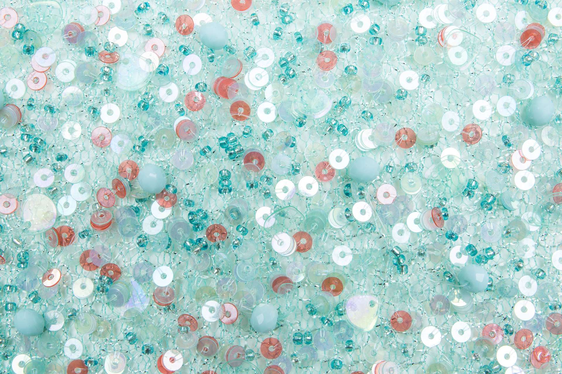 Novelty Beads and Sequins on Metallic Netting in Turquoise