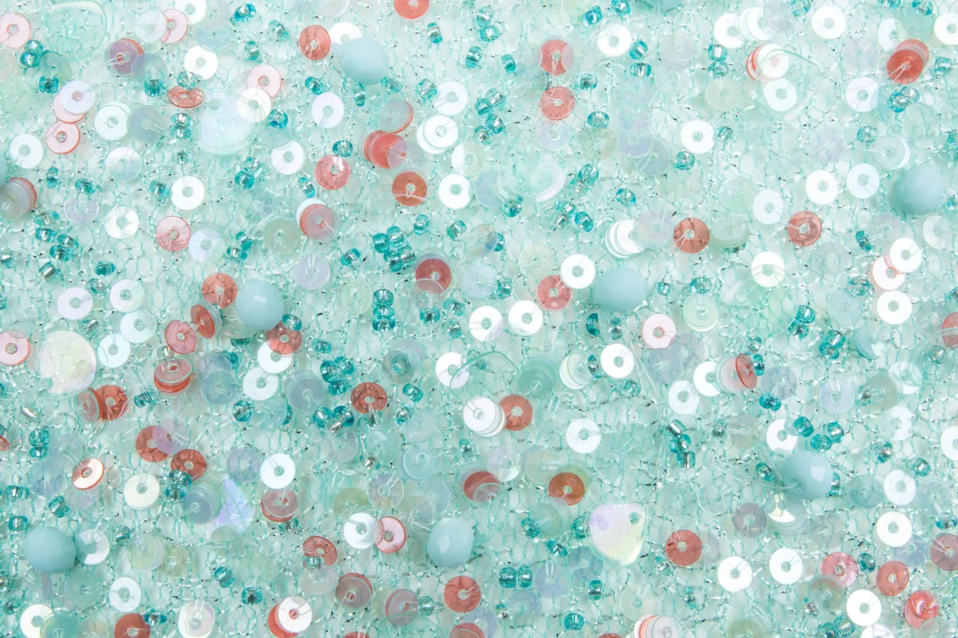 Novelty Beads and Sequins on Metallic Netting in Turquoise