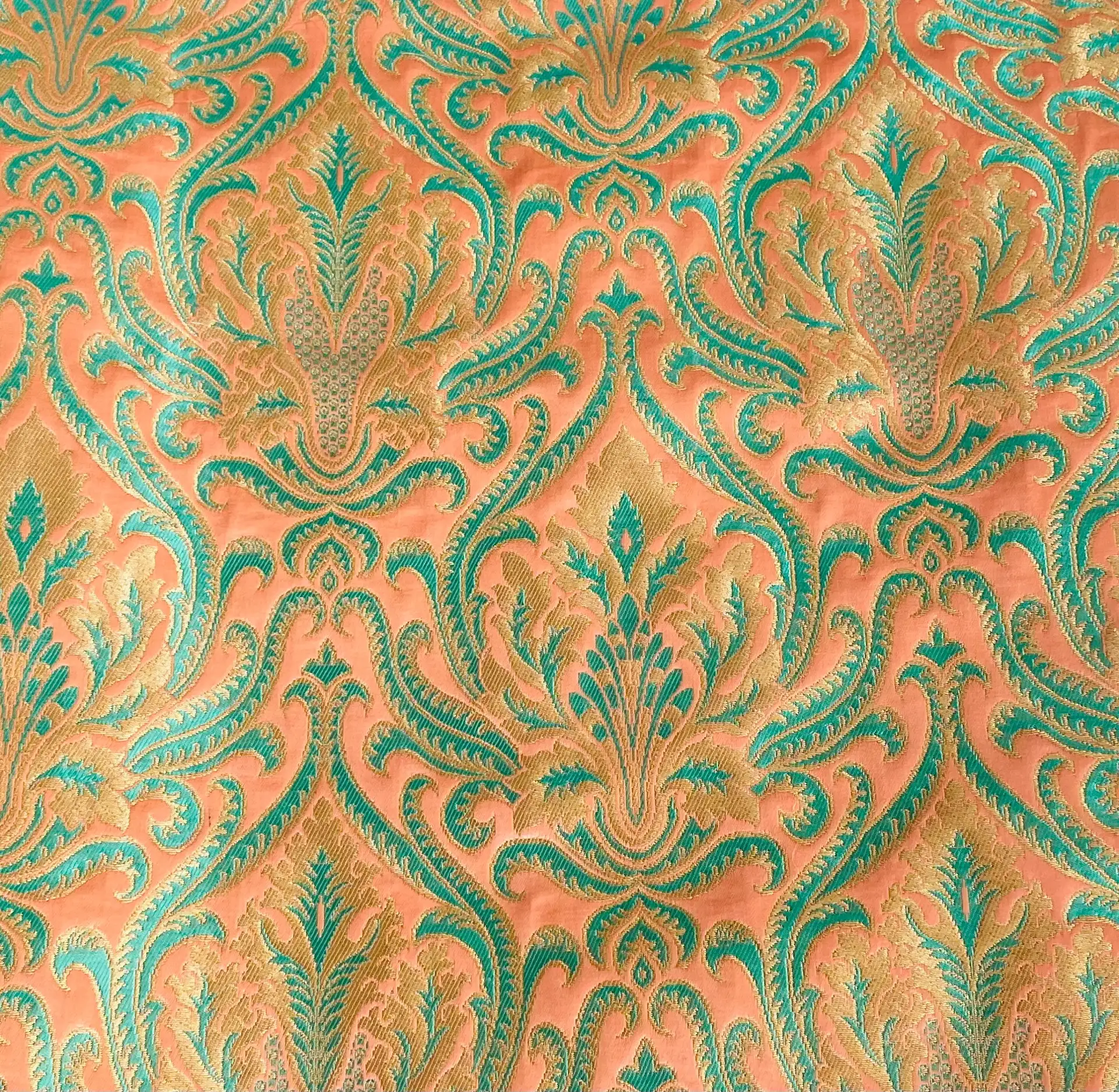 Metallic Brocade in Salmon Ground with Light Turquoise and Gold Baroque Design