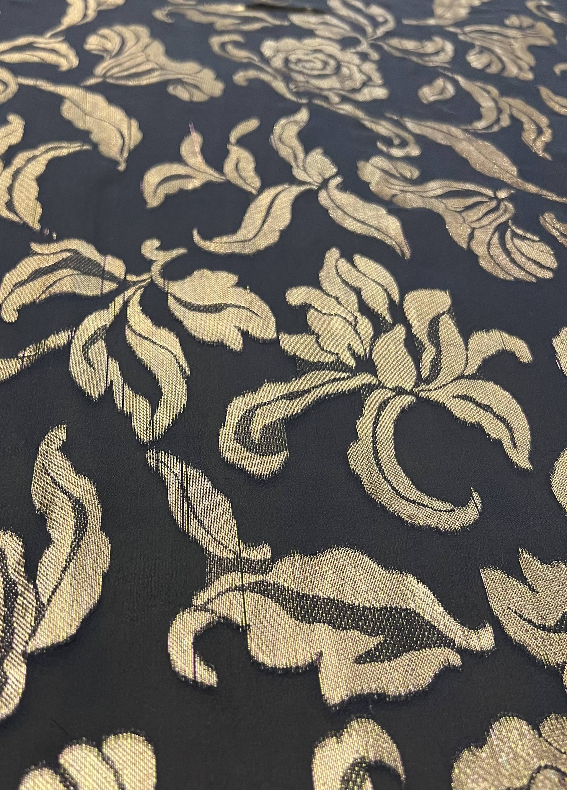 Silk Chiffon with Metallic Fil Coupé Flowers On Charcoal ground