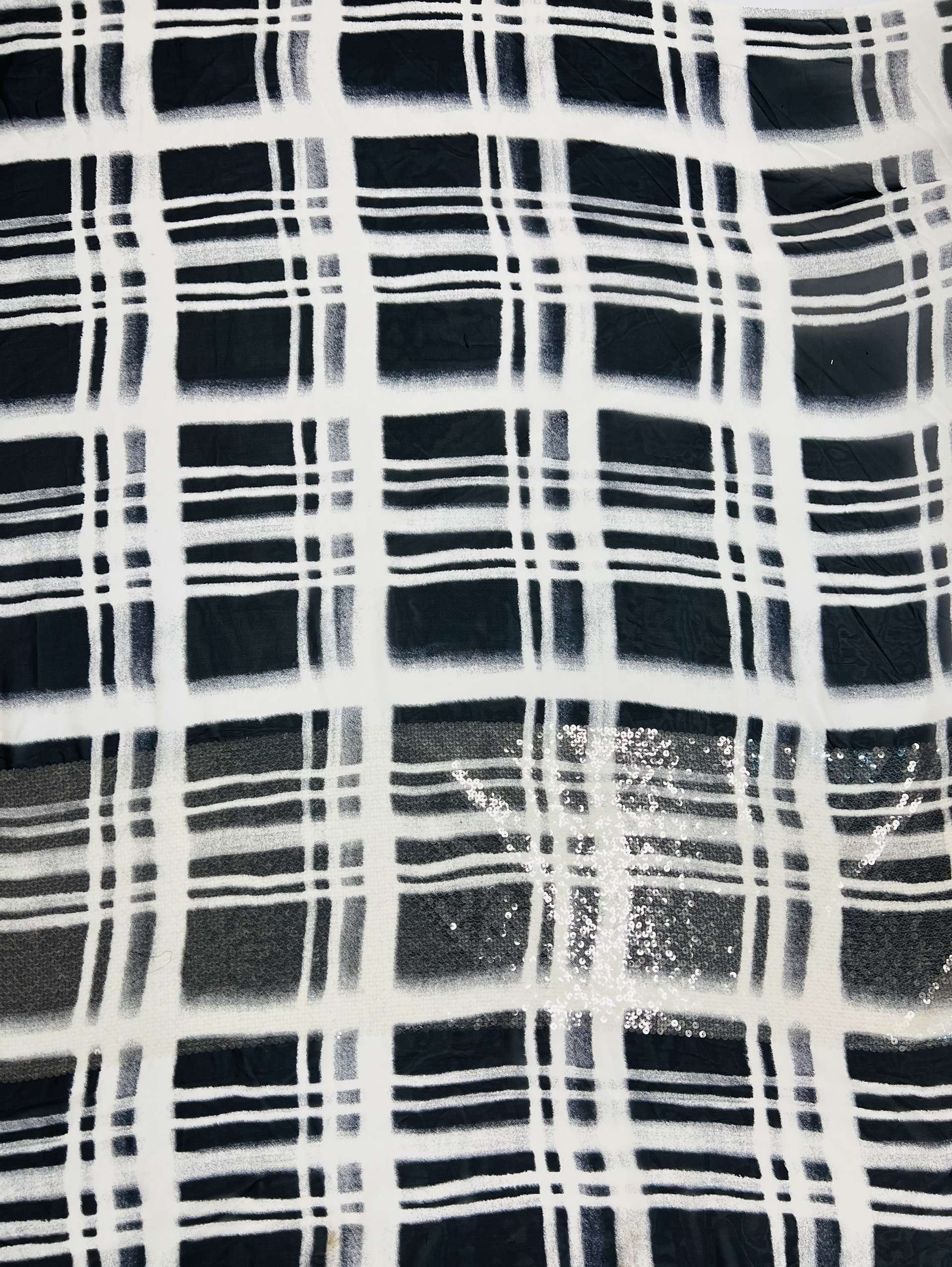 Clear Sequins Boarder on Silk Chiffon in Navy and White