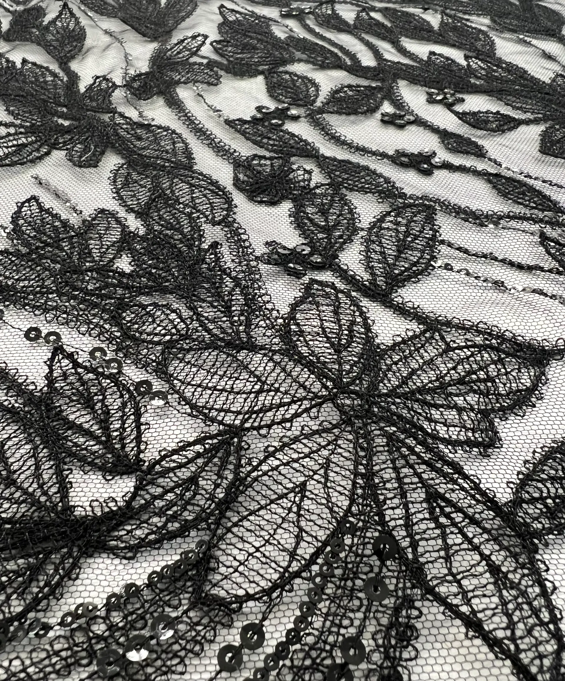 Embroidered Tulle with Botanicals and Sequins Accents in Black