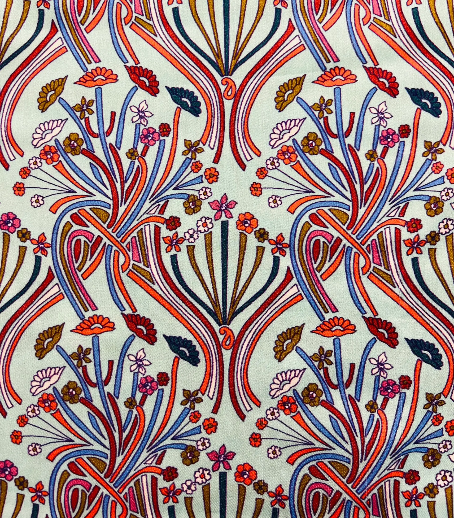 Printed Viscose Challis Sateen On Mint Ground