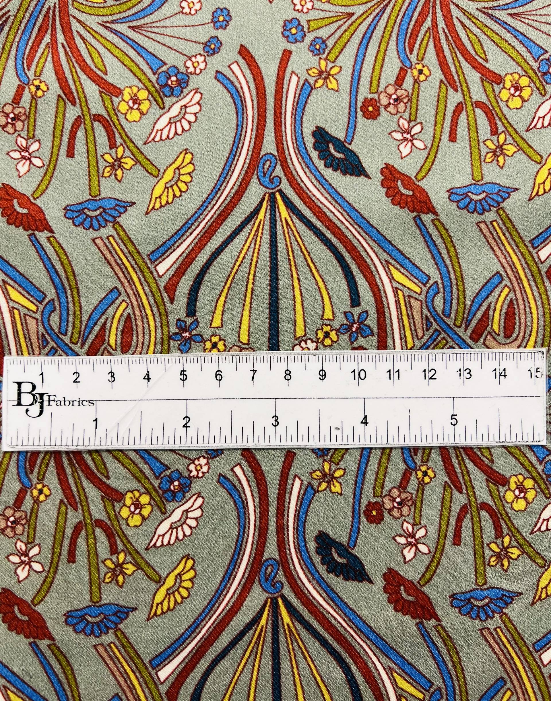 Printed viscose challis Sateen On Sage Ground