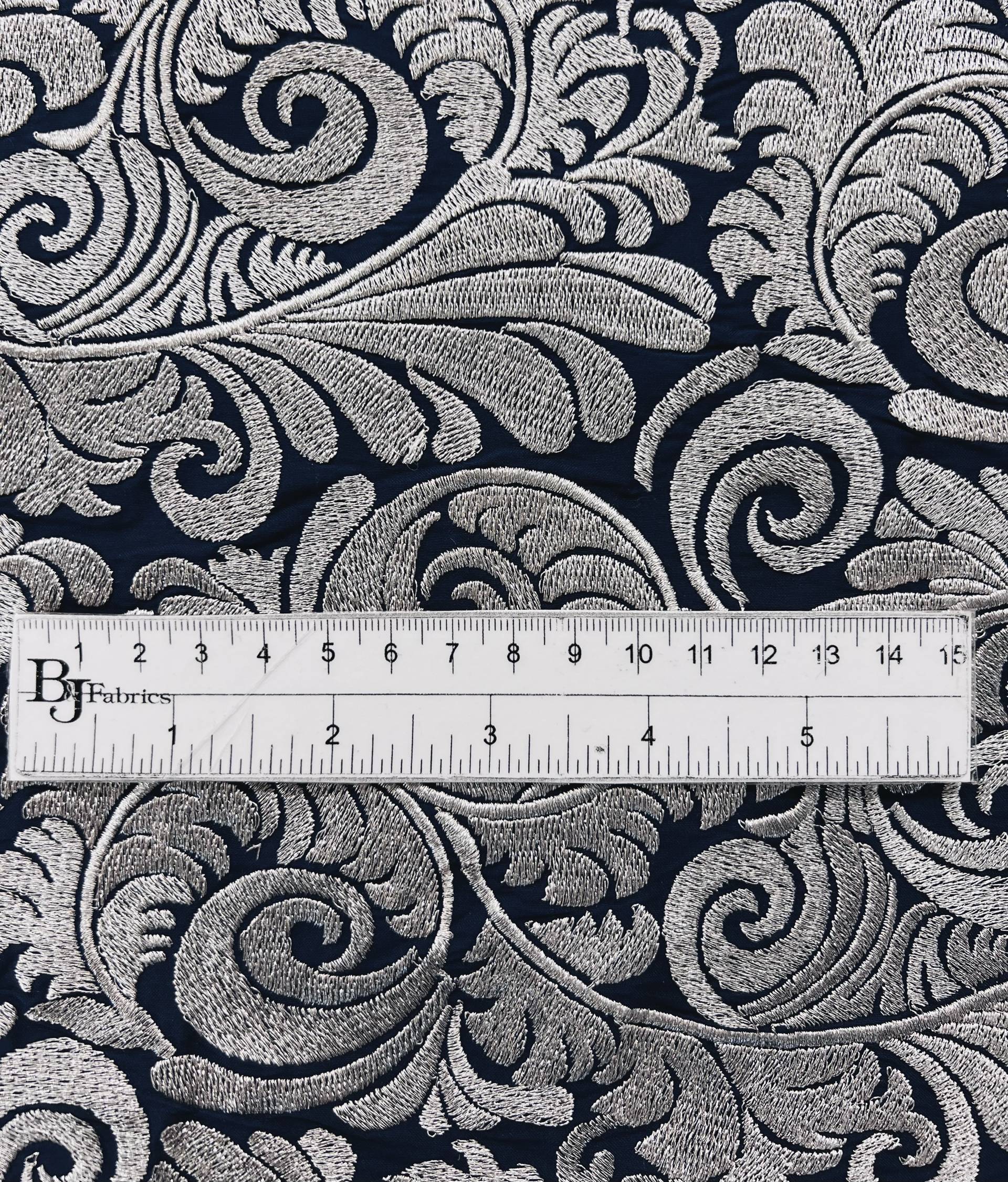 Embroidered NavyTaffeta in Silver