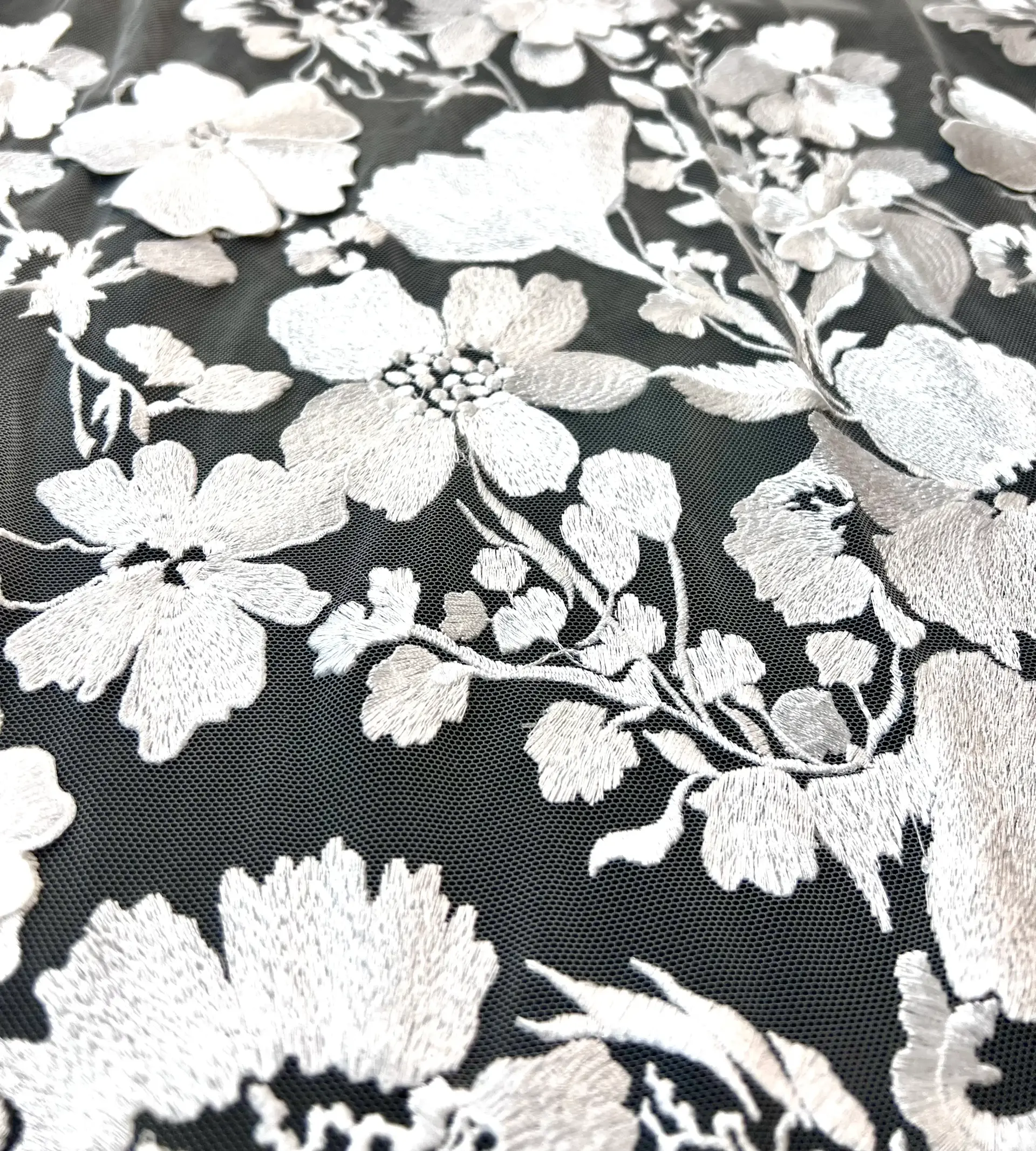 Embroidered Tulle in White Made To Order