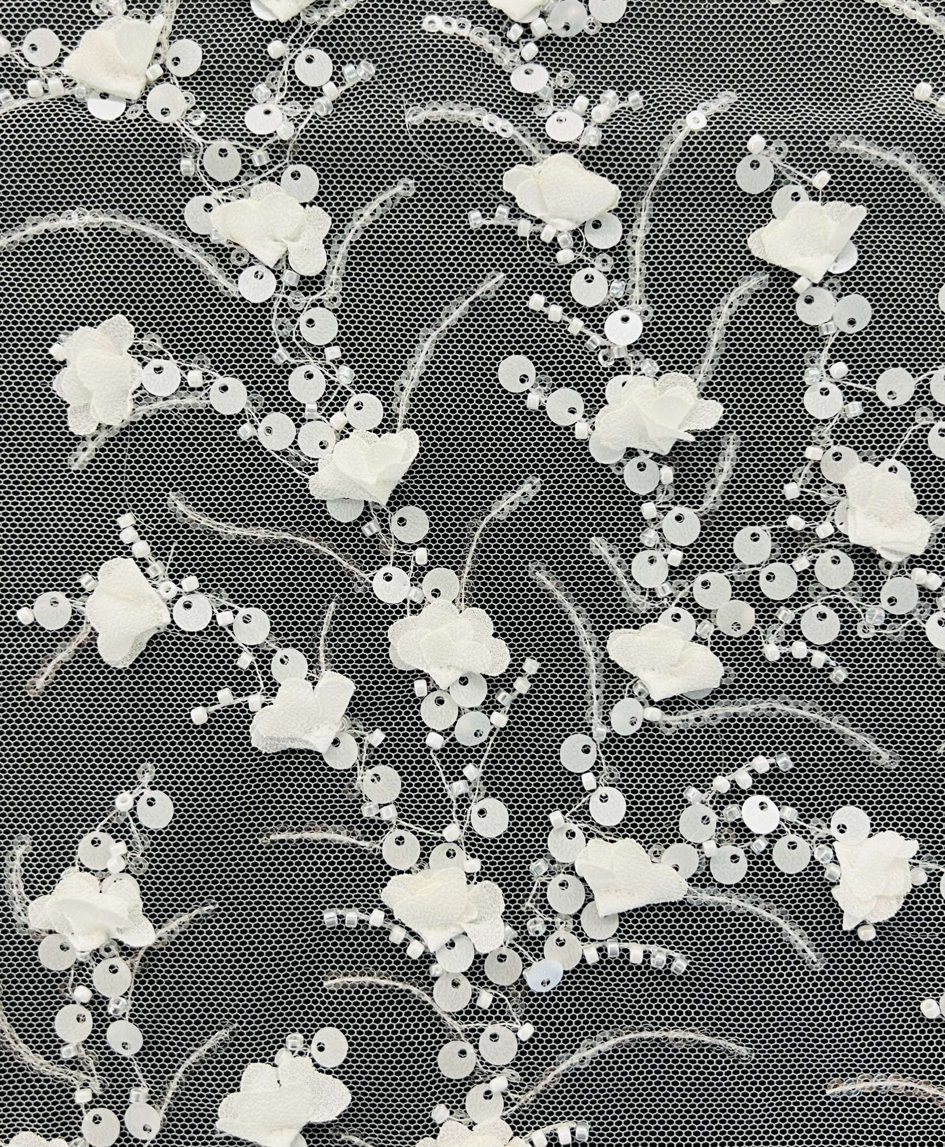 Hand Beaded and Sequined Nylon Tulle in White