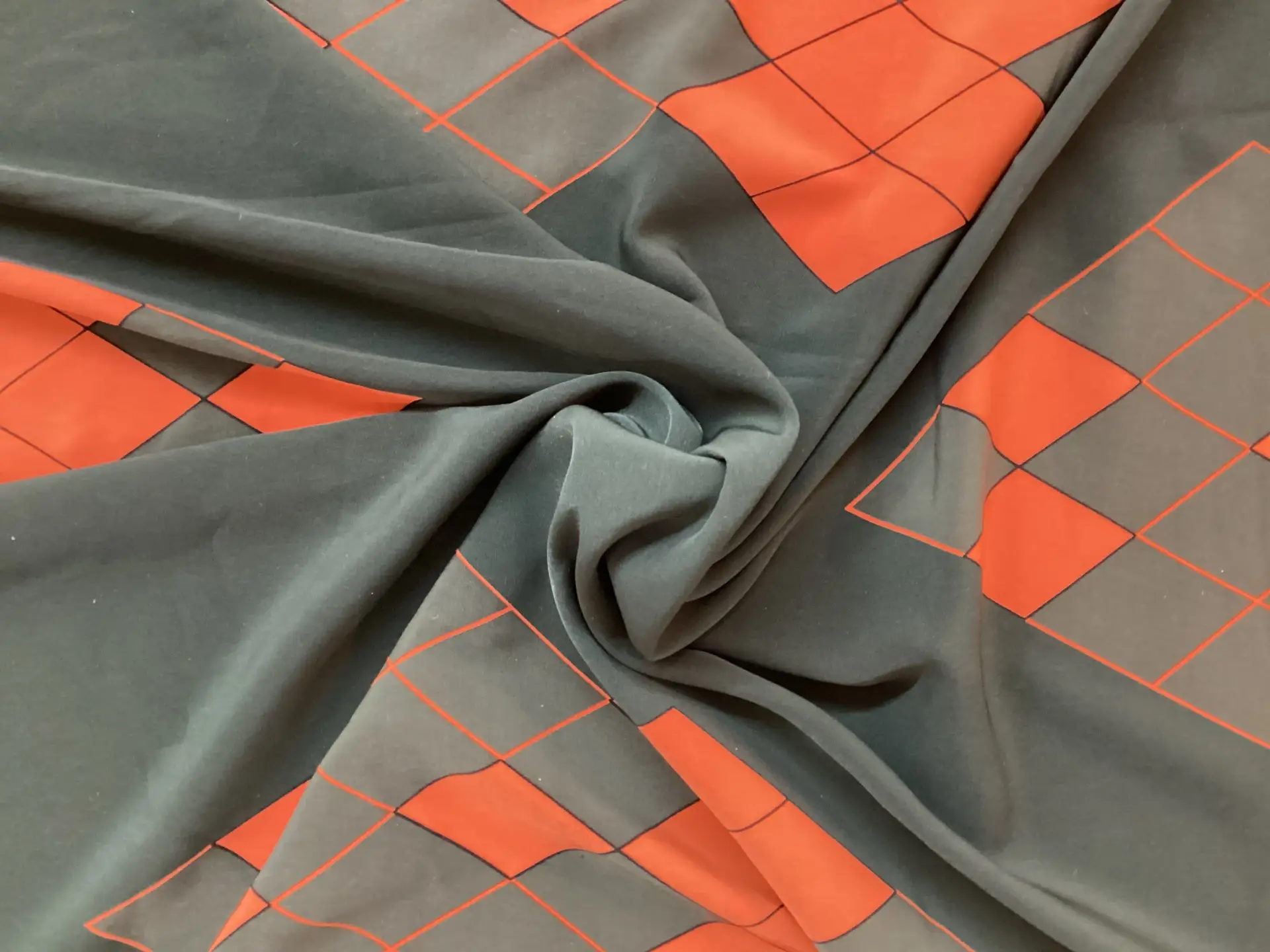 100% Washed Silk Crepe De Chine Argyle Printed in Hunter Green Ground with Orange