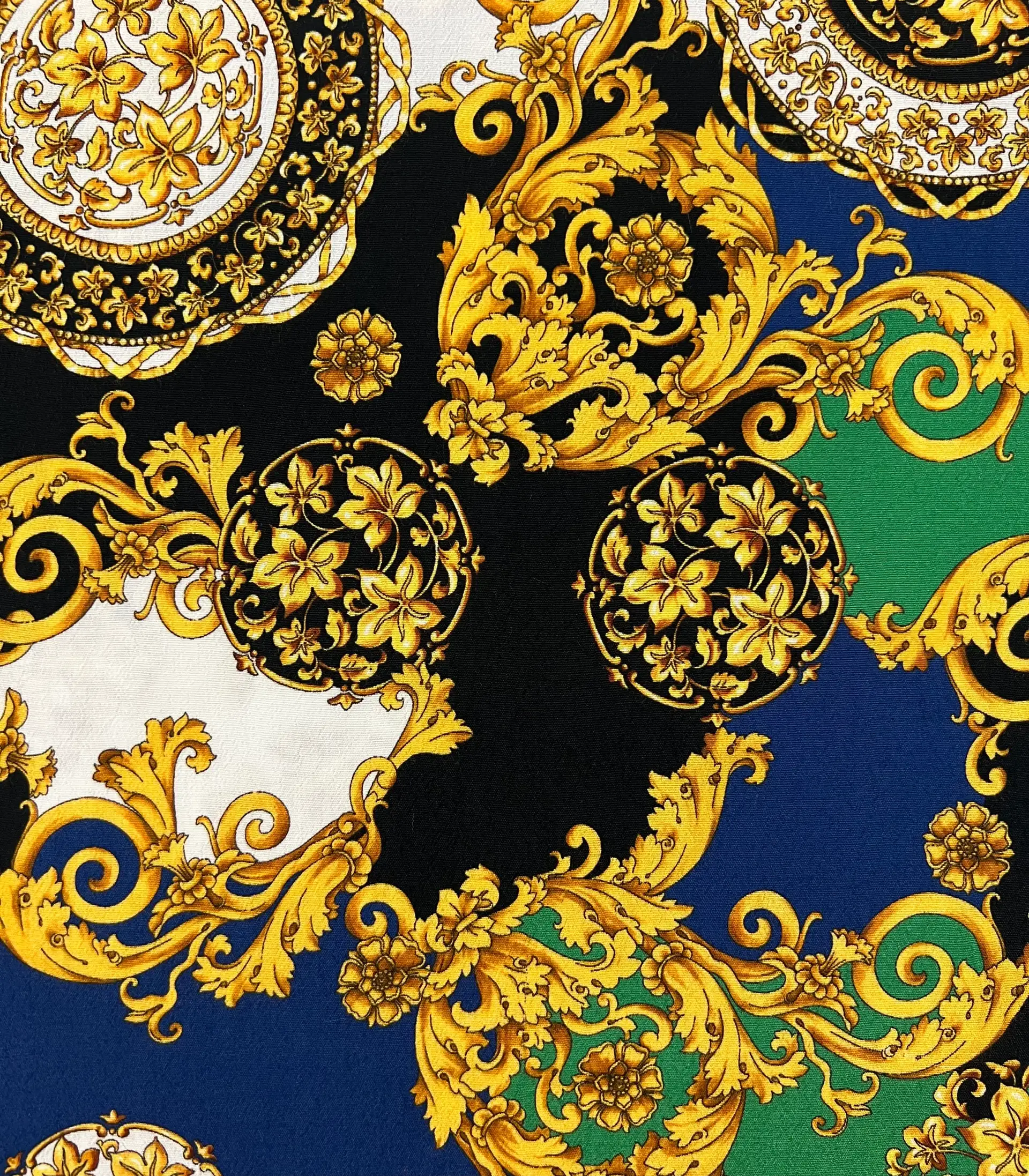 Viscose Tissue Crepe Baroque Print in Black/Gold/white/Green/Royal Blue