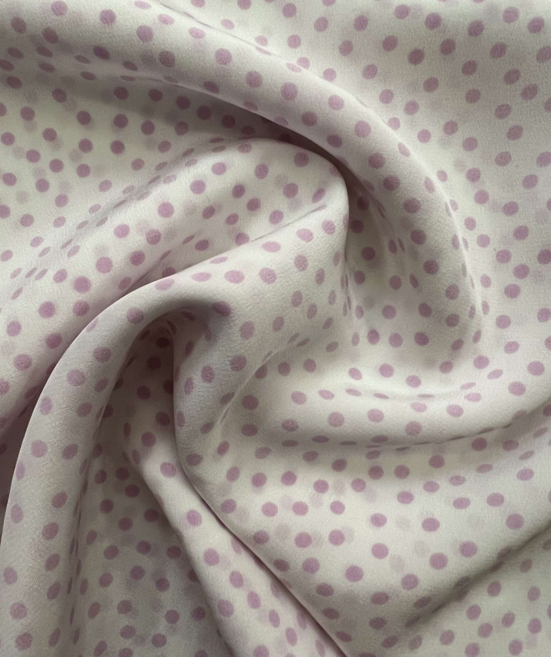 Printed Silk Crepe de Chine in White & Lilac Polka Dots