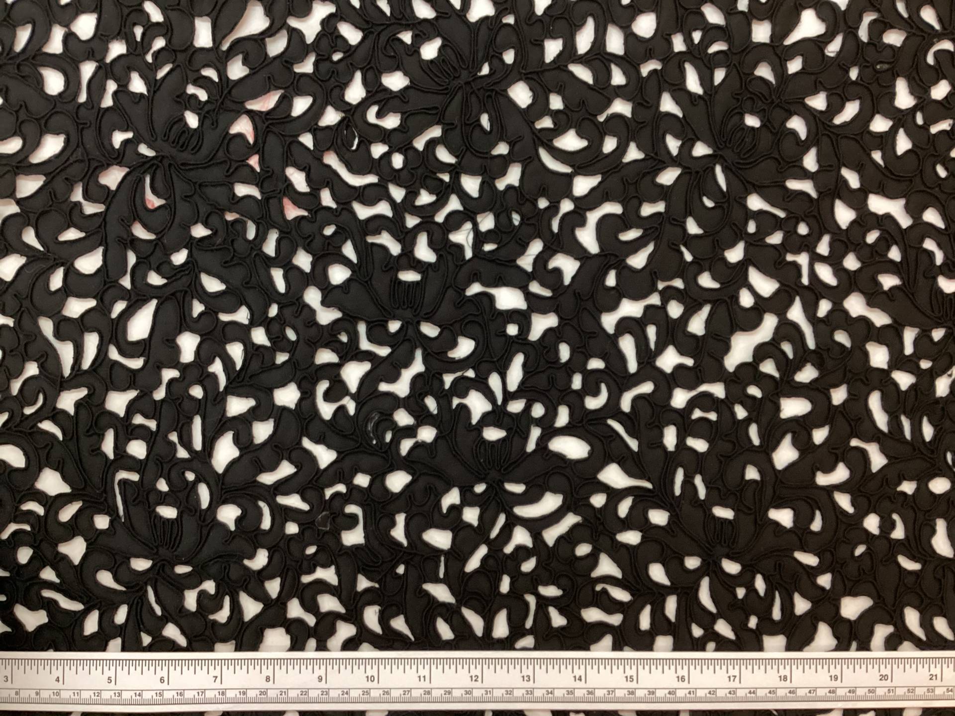 Laser Cut Polyester Satin with Soutach in Black