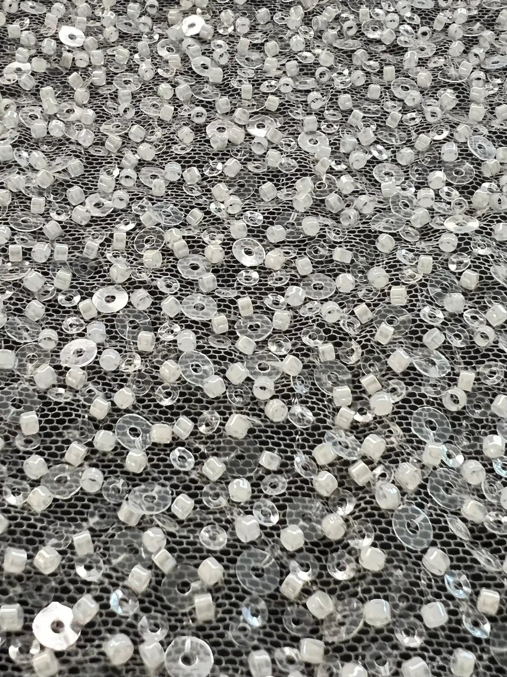 Clear Sequin with Sea Beads on Tulle in Bridal White