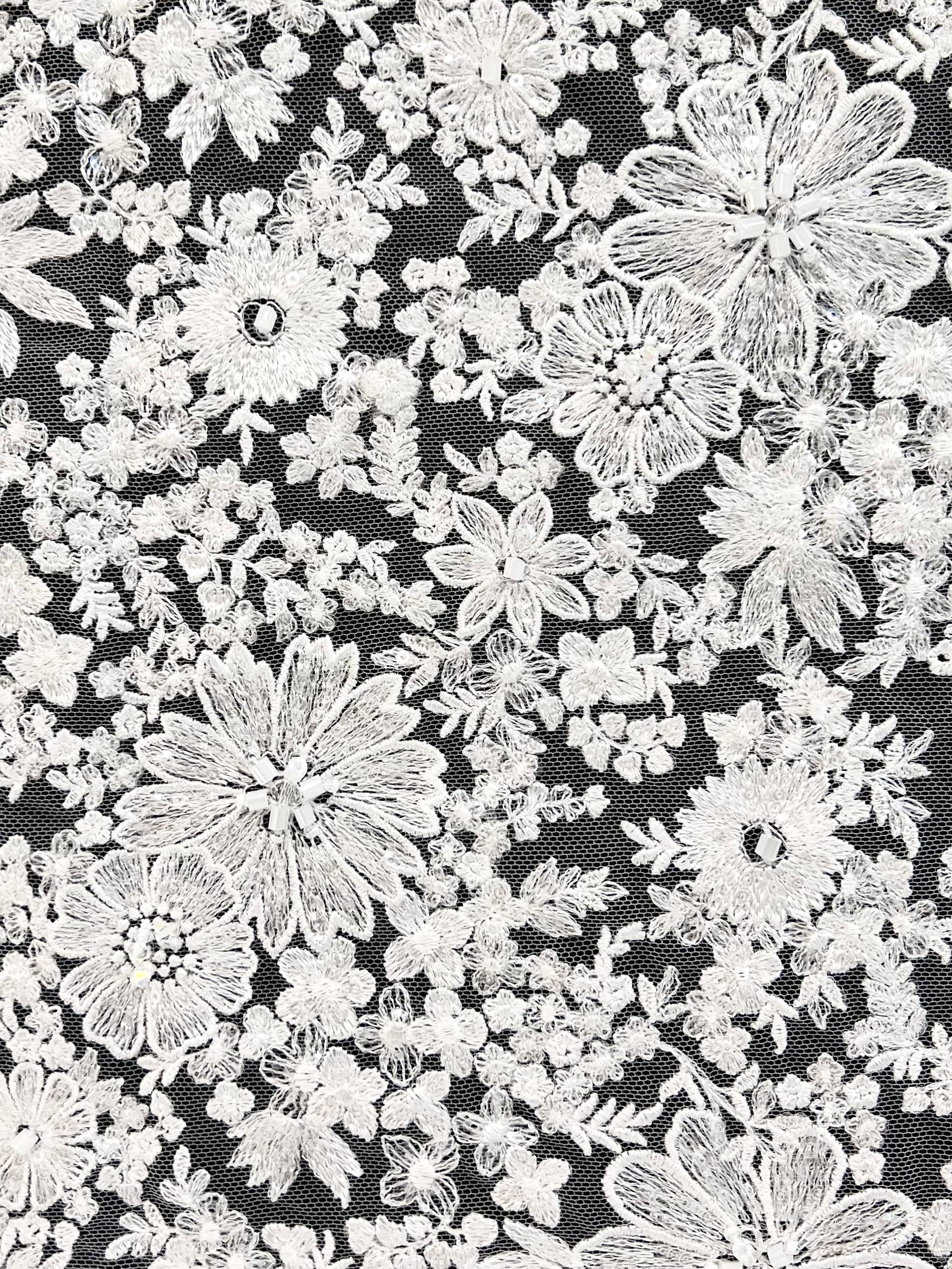 Embroidered Tulle with Micro Clear Sequin Oblong Beads and Crystal in Off White